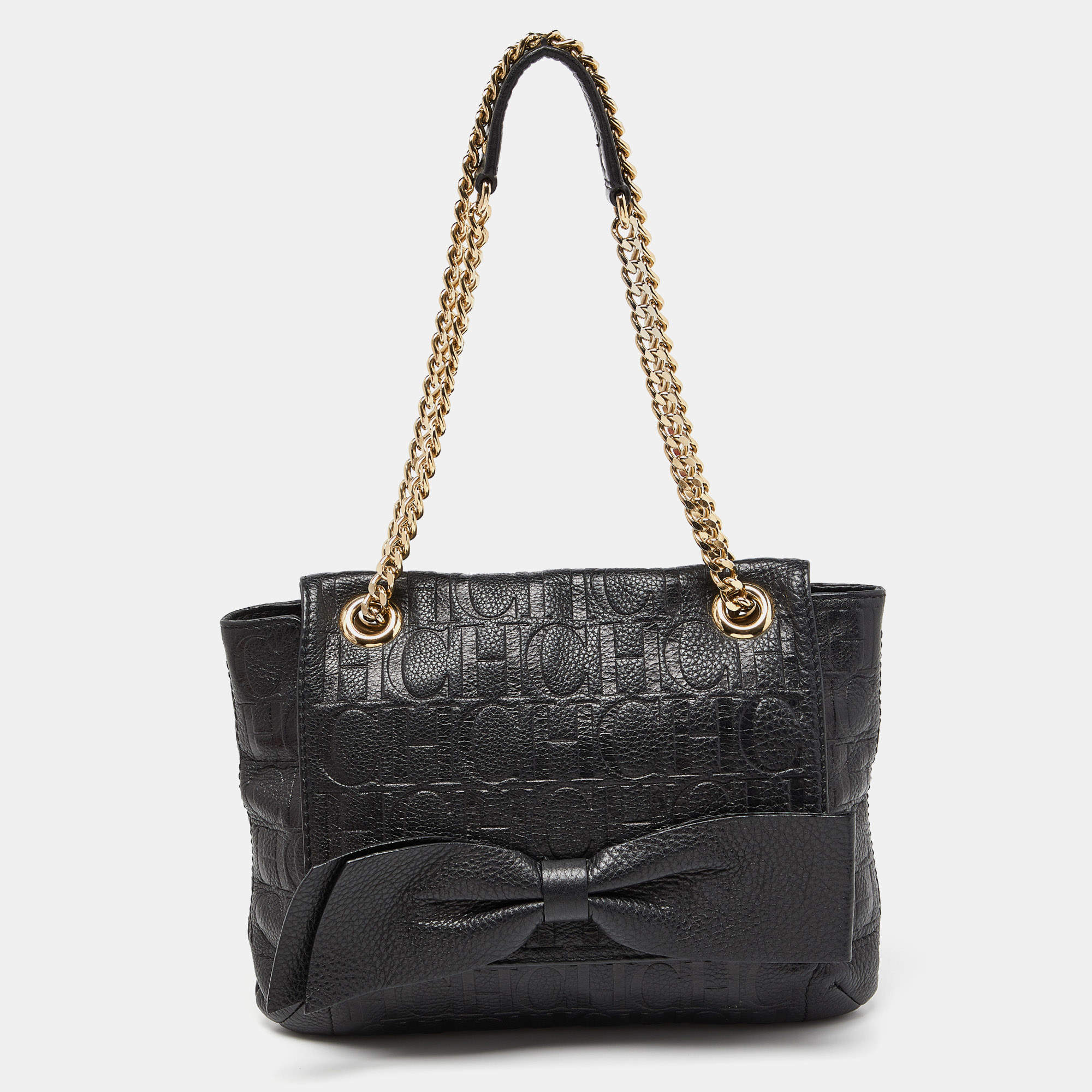 مملوكة مسبقًا CH Carolina Herrera Black Monogram Embossed Leather Audrey Bow Flap Shoulder Bag