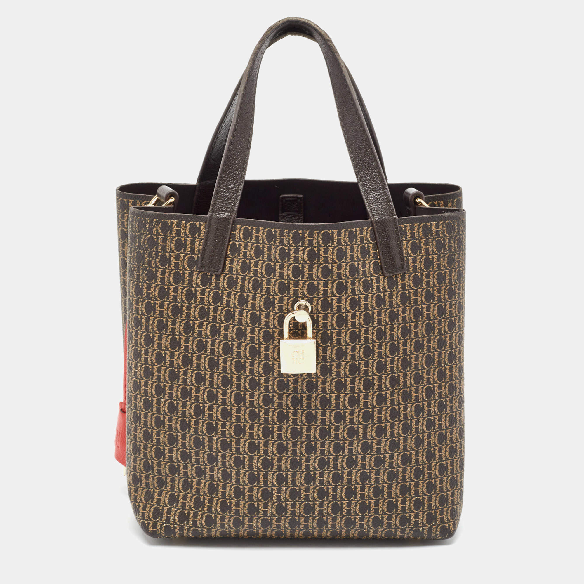 Pre Owned CH Carolina Herrera Choco Brown Signature Coated Canvas Matryoshka Padlock Tote