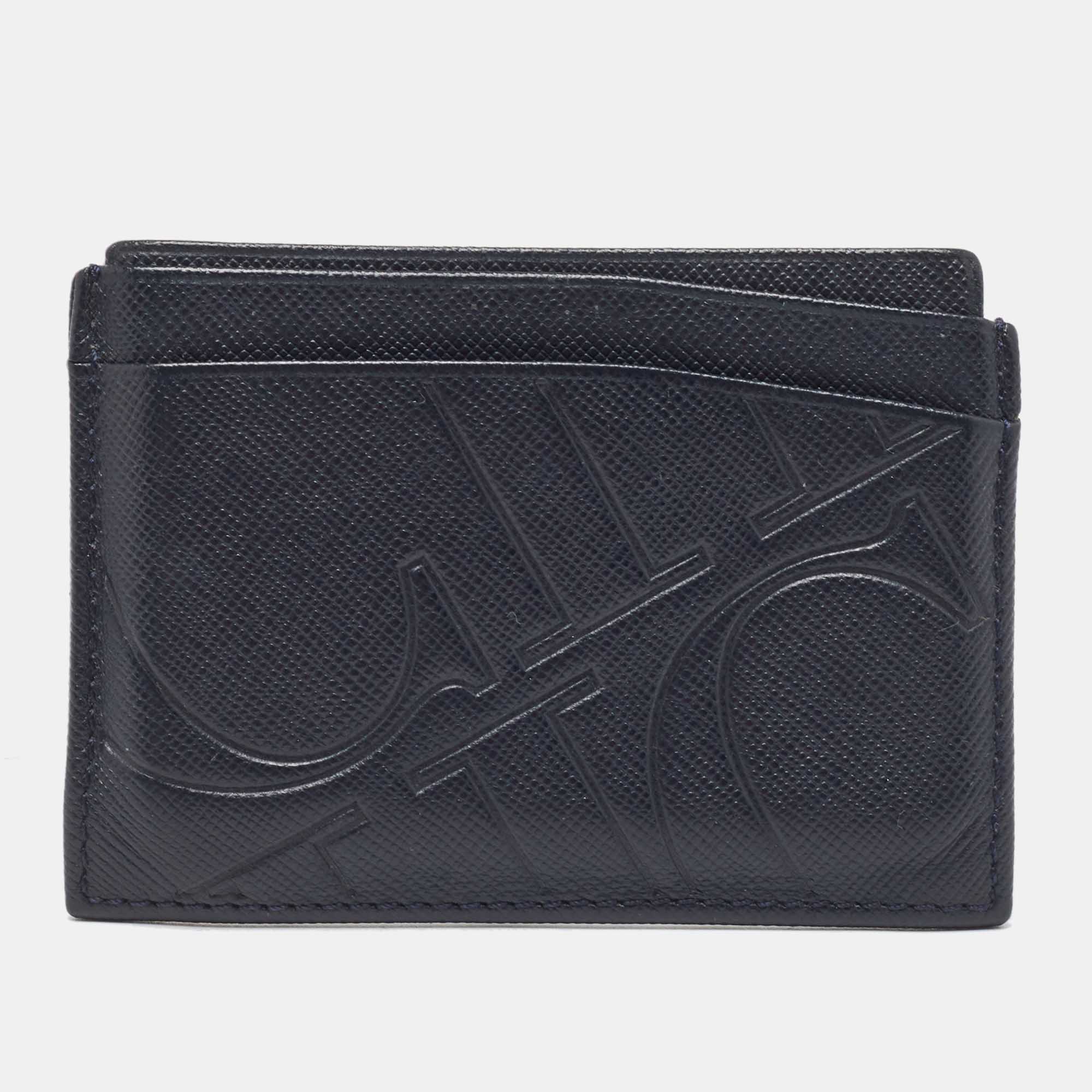 Pre Owned CH Carolina Herrera Dark Blue Monogram Embossed Leather Card Holder