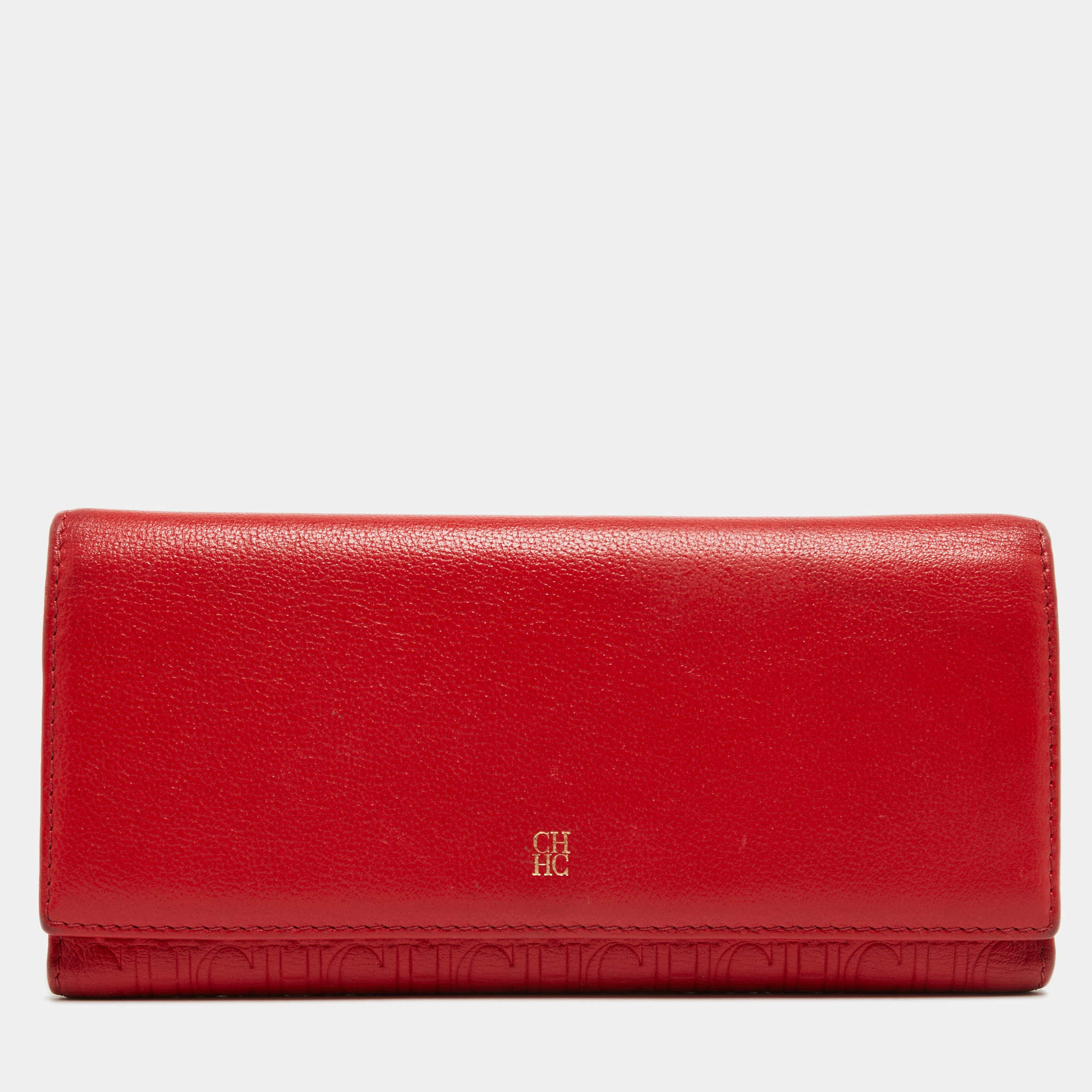 Pre Owned CH Carolina Herrera Red Monogram Embossed Leather Trifold Continental Wallet
