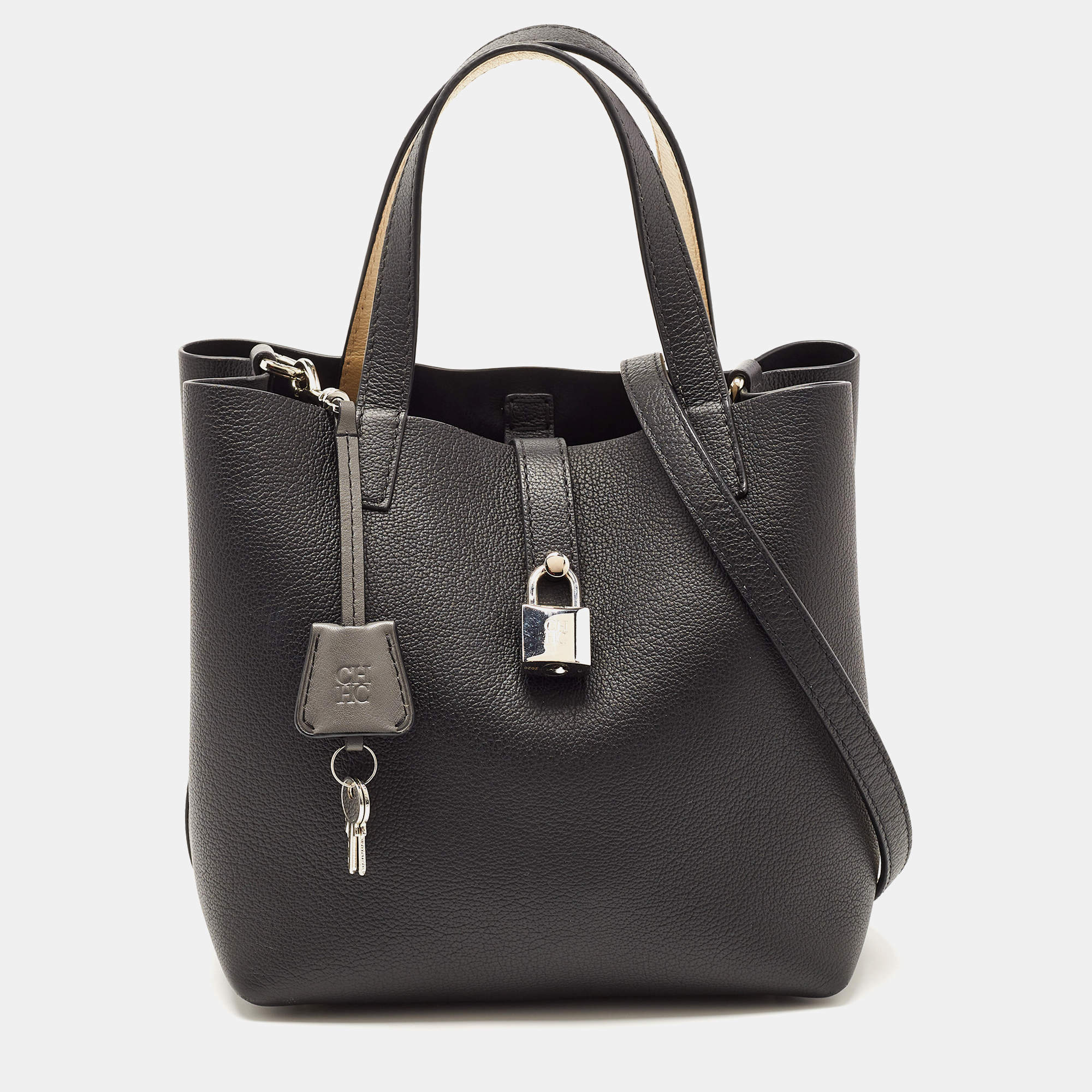 Pre Owned CH Carolina Herrera Black Leather Small Matryoshka Locked Tote