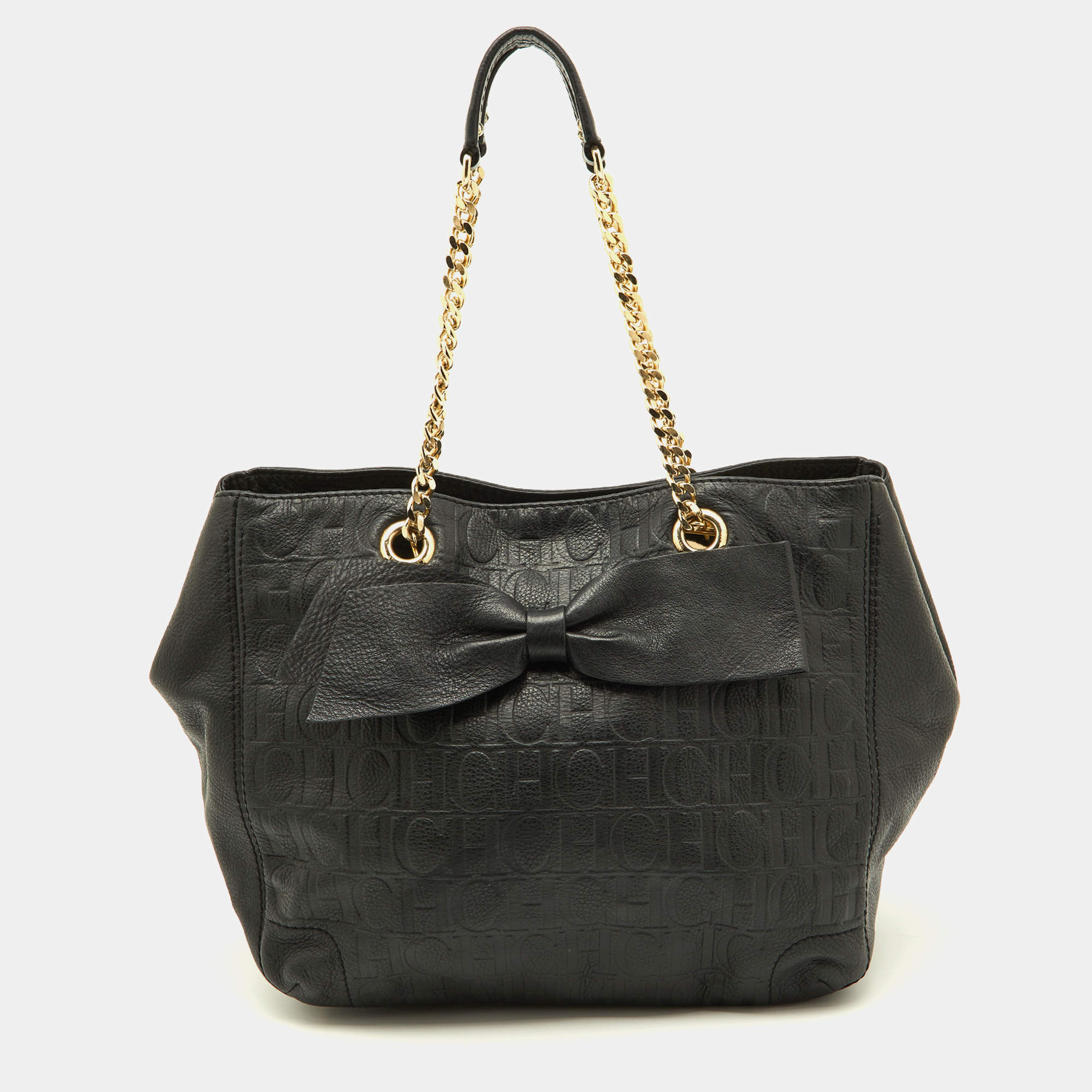 مملوكة مسبقًا CH Carolina Herrera Black Embossed Leather Bow Shoulder Bag