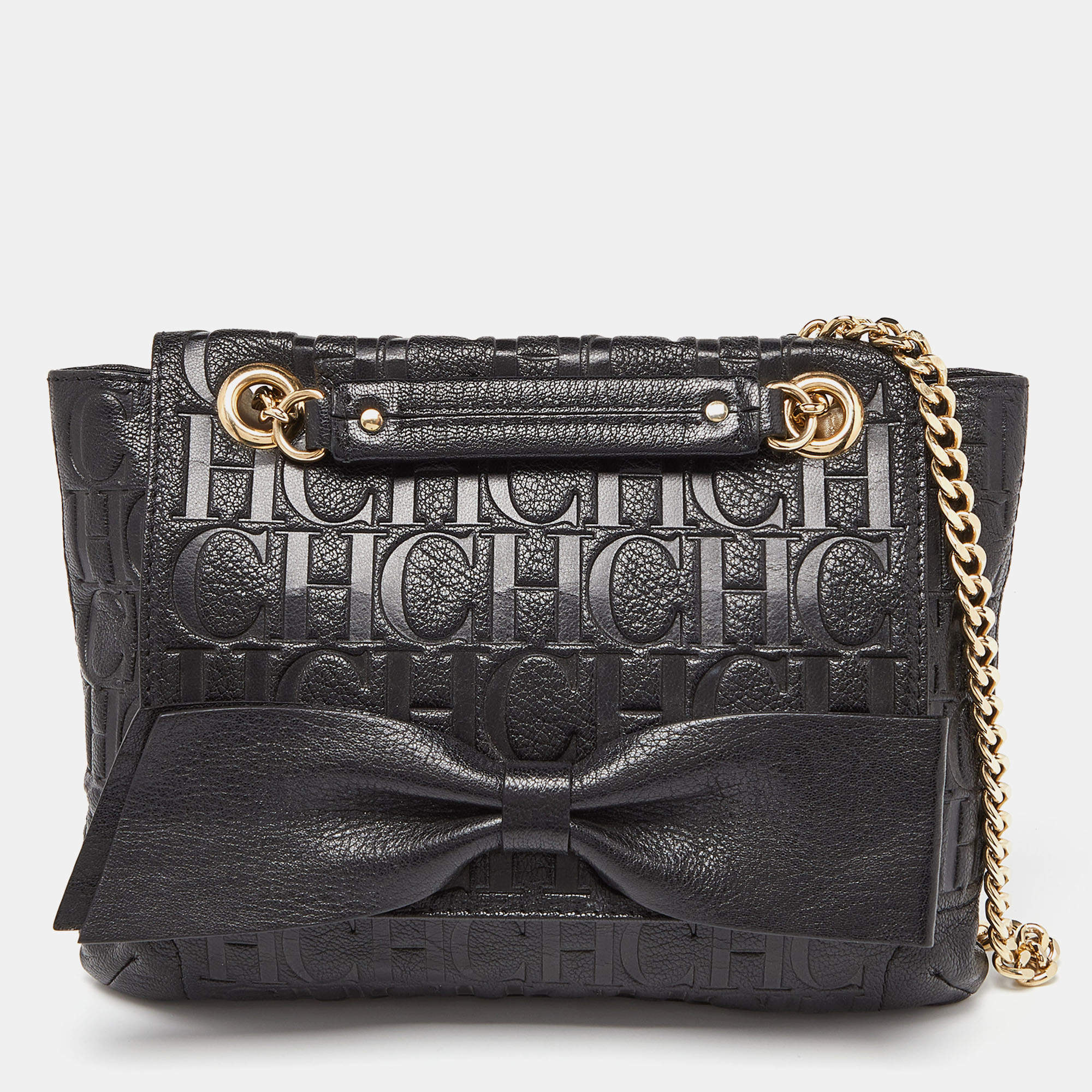 Pre Owned CH Carolina Herrera Black Monogram Embossed Leather Audrey Bow Flap Shoulder Bag