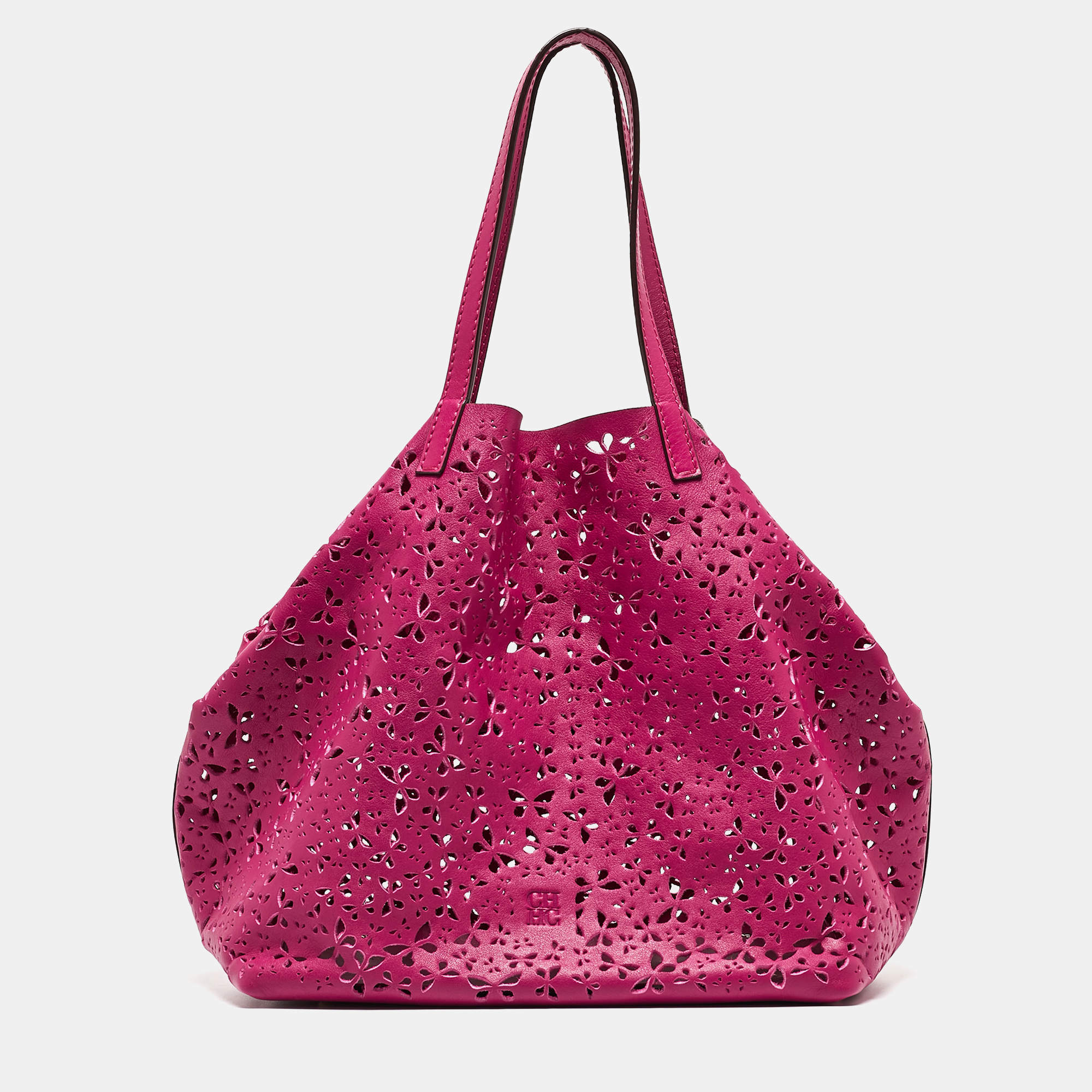 Pre Owned Carolina Herrera Fuchsia Butterfly Cut Leather Tote