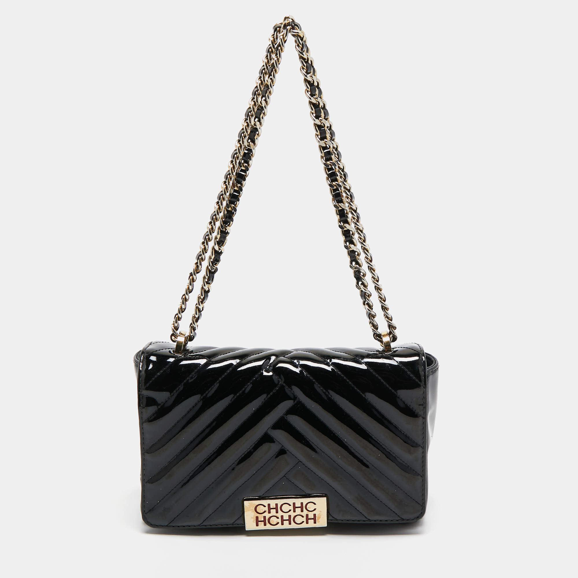 Pre Owned CH Carolina Herrera Black Quilted Patent Leather Flap Shoulder Bag