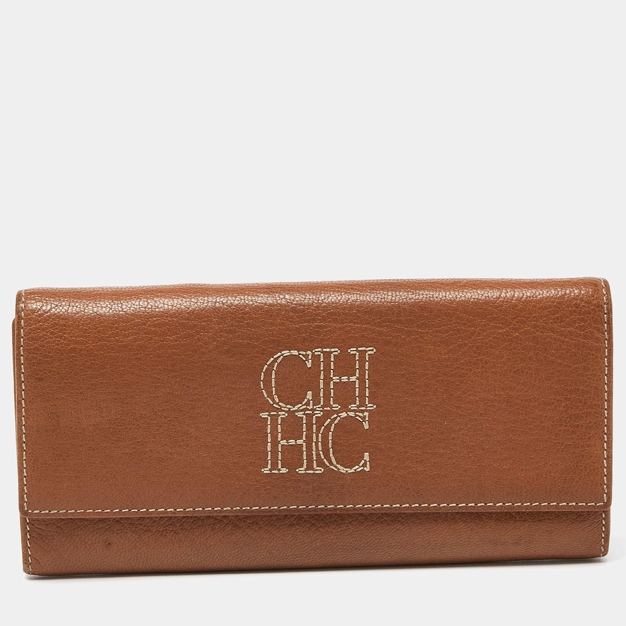 Pre Owned CH Carolina Herrera Brown Leather Monogram Continental Wallet