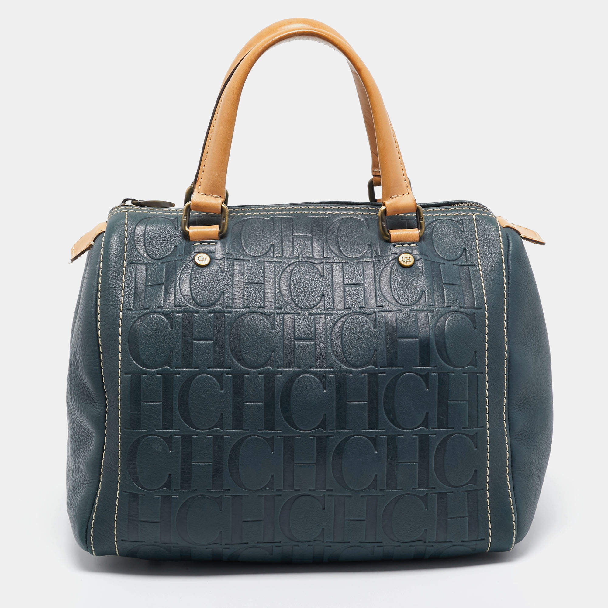 Pre Owned CH Carolina Herrera Dark Blue Monogram Embossed Leather Andy Boston Bag