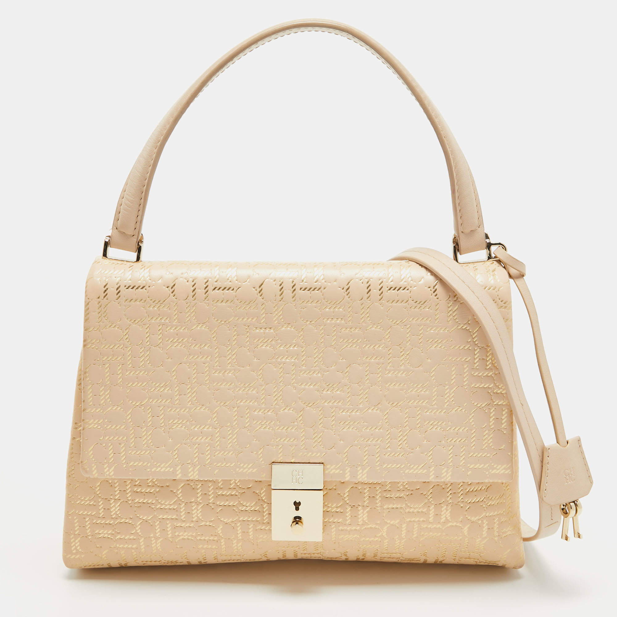 Pre Owned CH Carolina Herrera Light Beige/Gold Embossed Leather Top Handle Bag