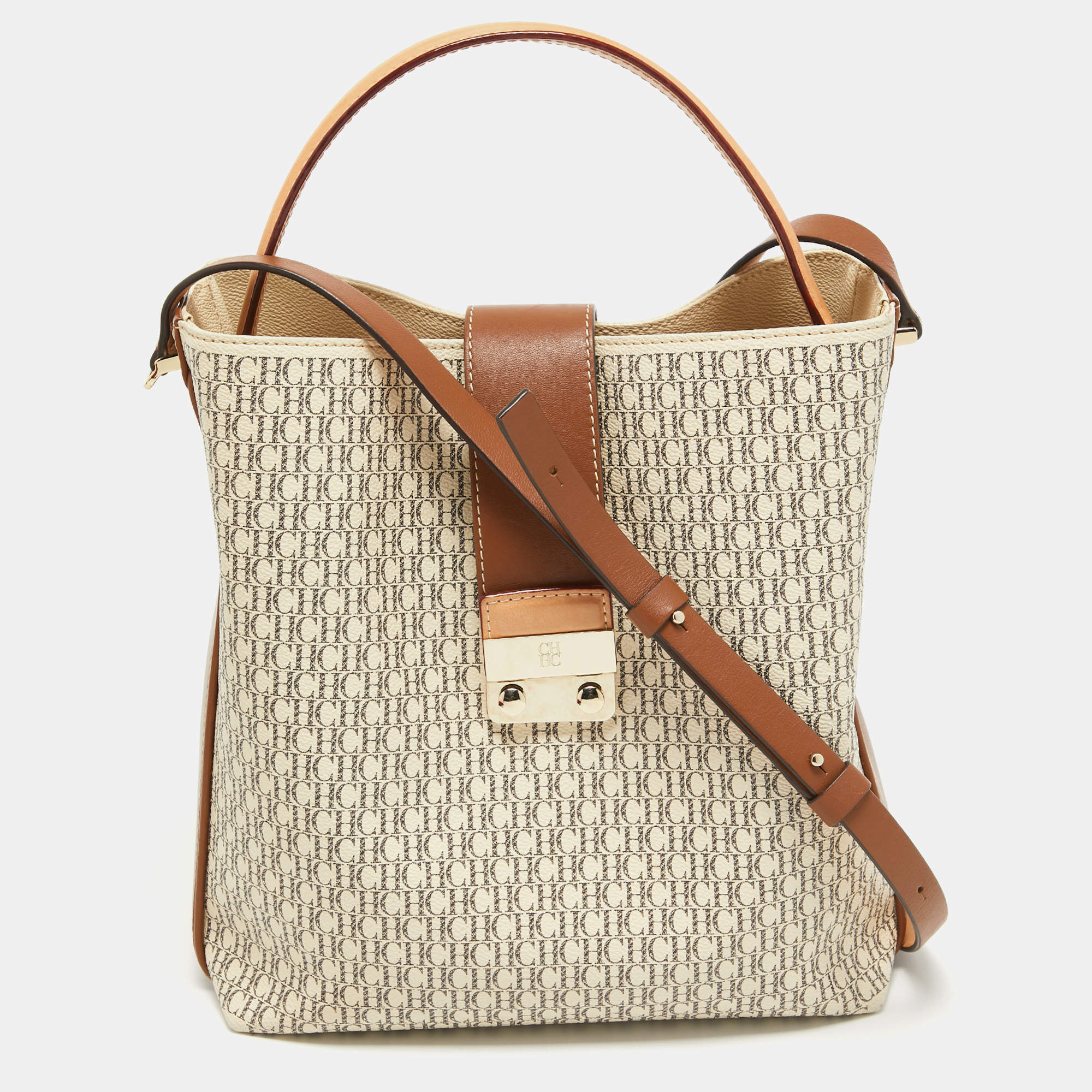 Pre Owned CH Carolina Herrera Tricolor Monogram Canvas and Leather Matryoshka Locked Bucket Bag