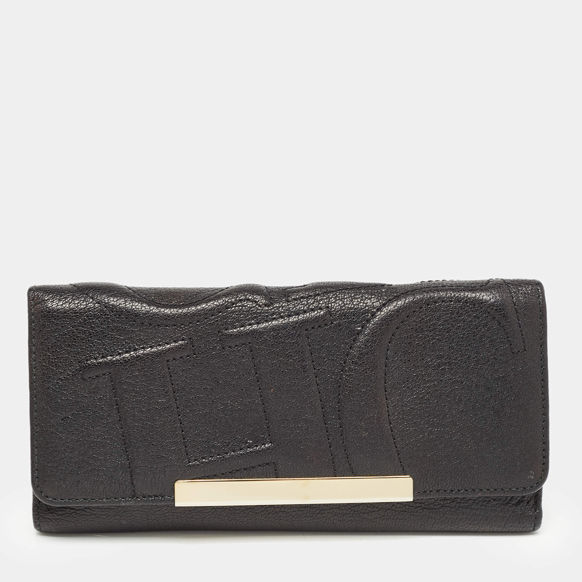 Pre Owned CH Carolina Herrera Black Leather Flap Trifold Continental Wallet