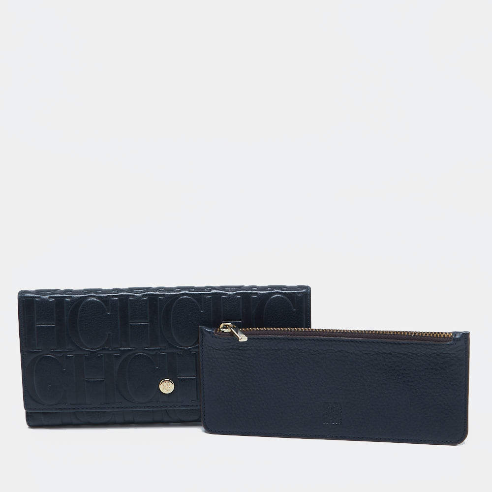 Pre Owned CH Carolina Herrera Navy Blue Monogram Leather Flap Trifold Continental Wallet