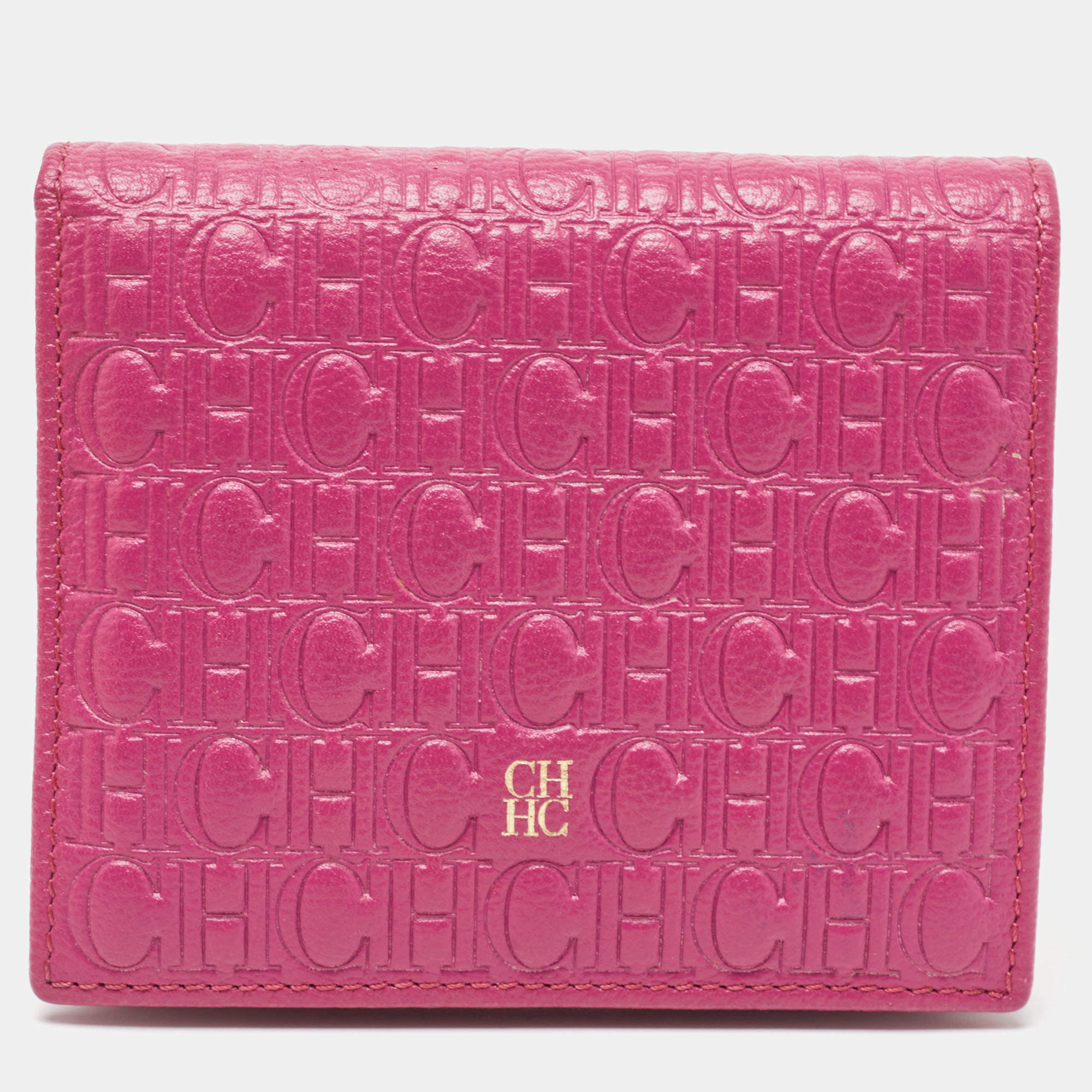 Pre Owned CH Carolina Herrera Magenta Monogram Leather Compact Wallet