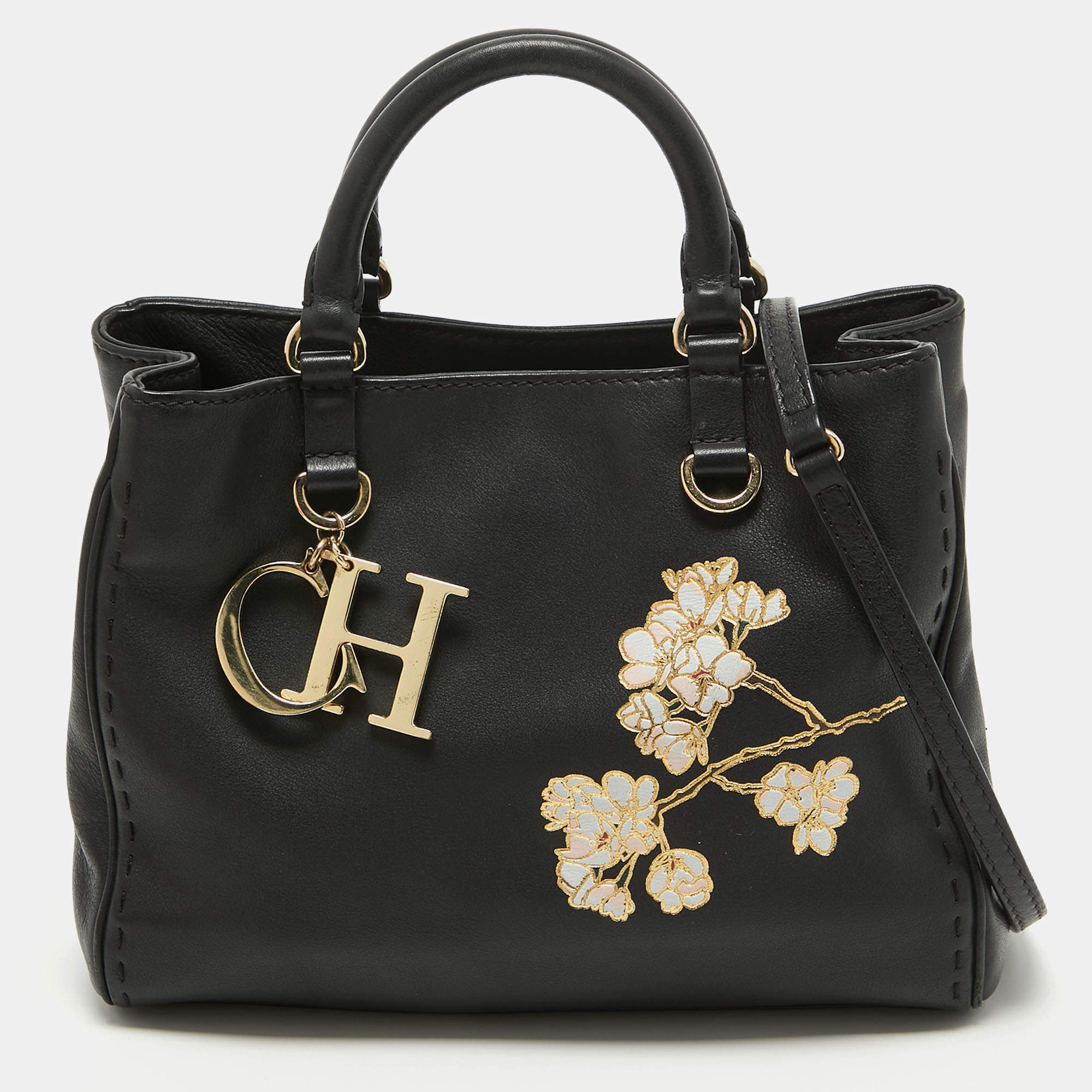 Pre Owned CH Carolina Herrera Black Leather Charm Tote