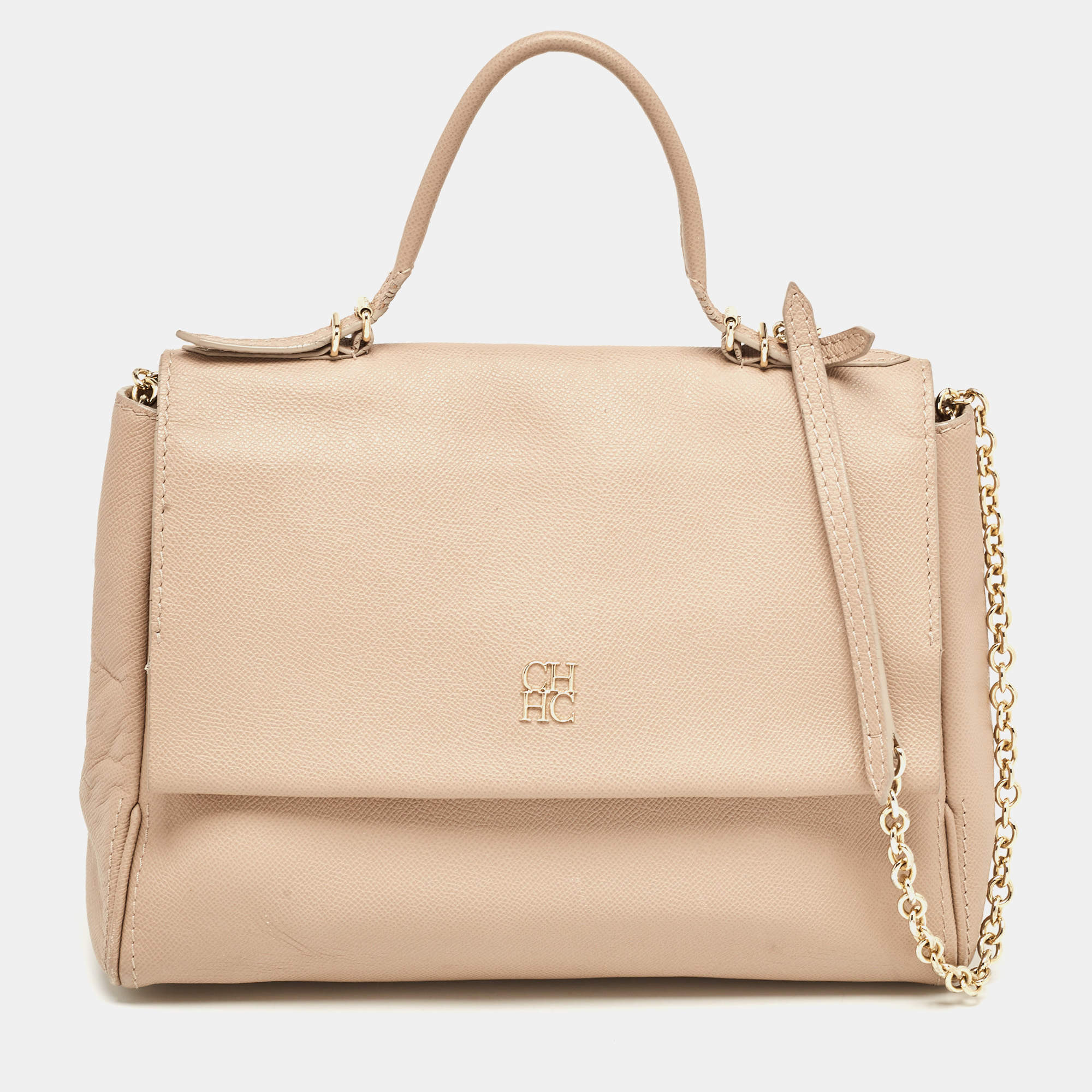 Pre Owned CH Carolina Herrera Beige Leather Minuetto Flap Top Handle Bag