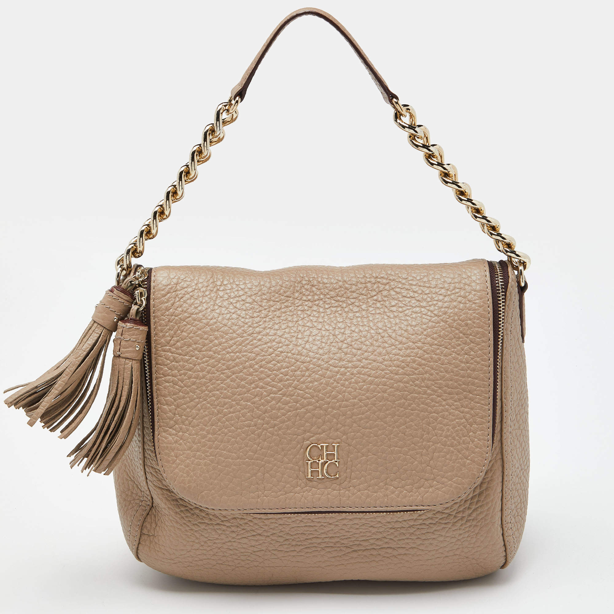 Pre Owned CH Carolina Herrera Beige Leather Tassel Hobo