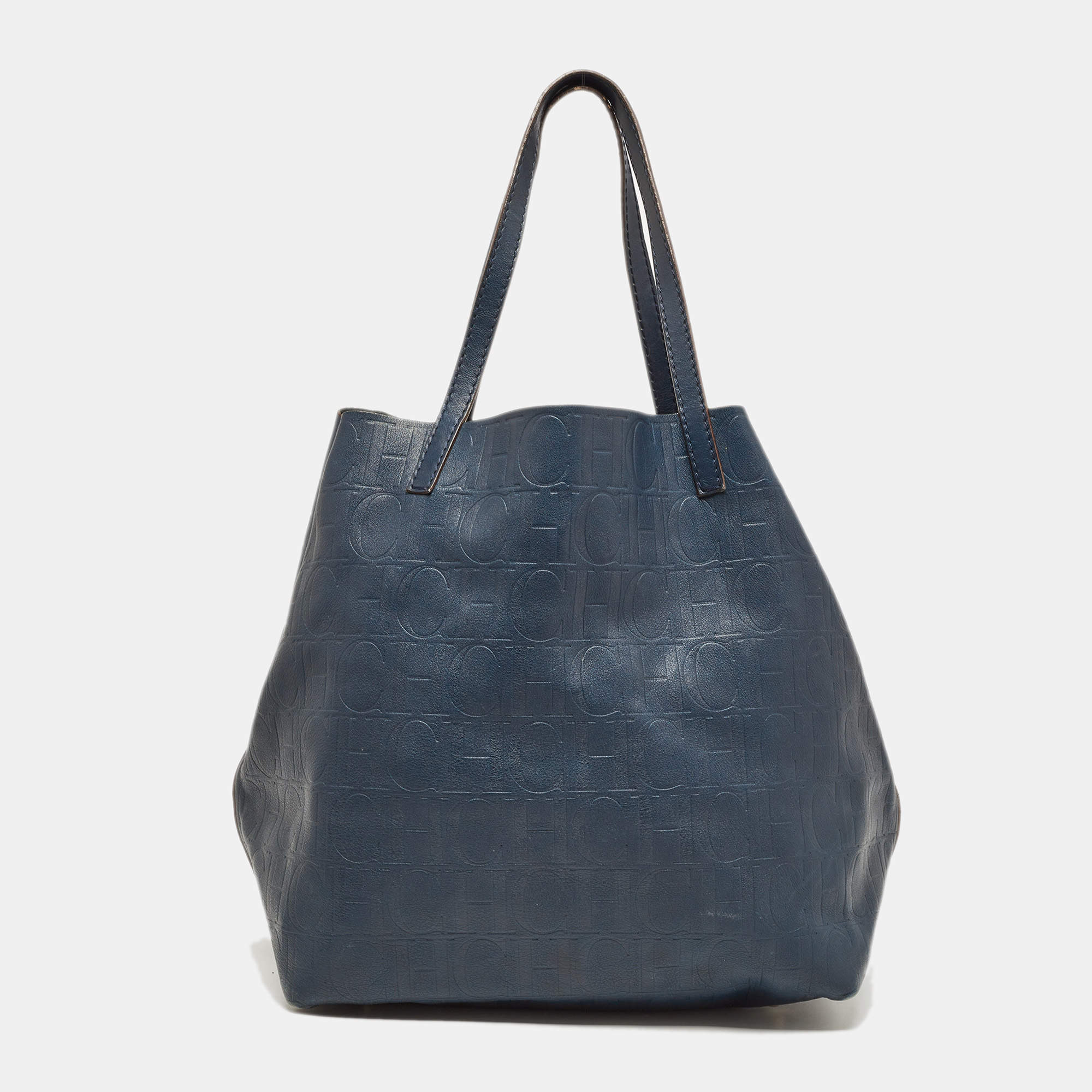 Pre Owned CH Carolina Herrera Blue Monogram Embossed Leather Matryoshka Tote