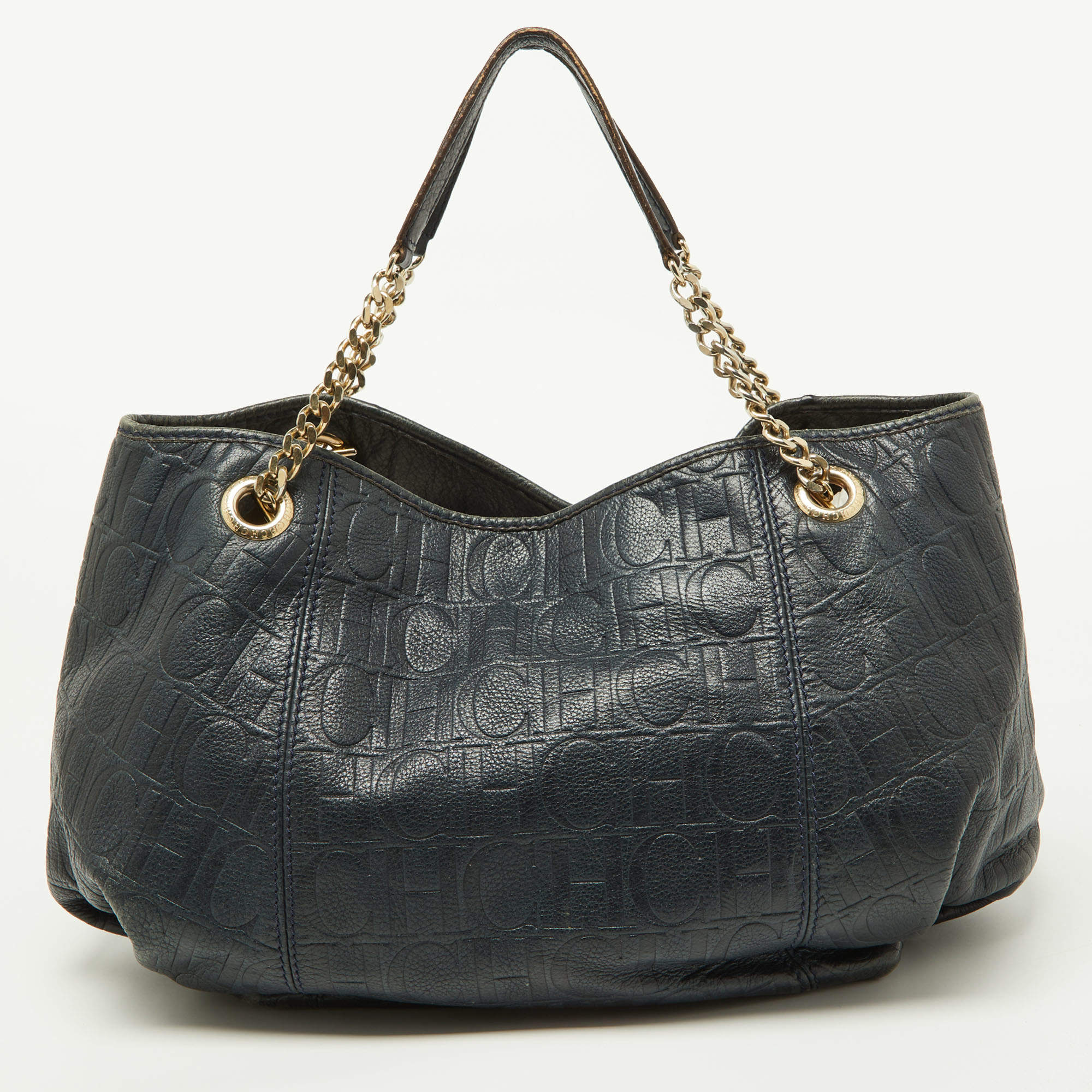 Pre Owned CH Carolina Herrera Blue Monogram Embossed Leather Chain Hobo