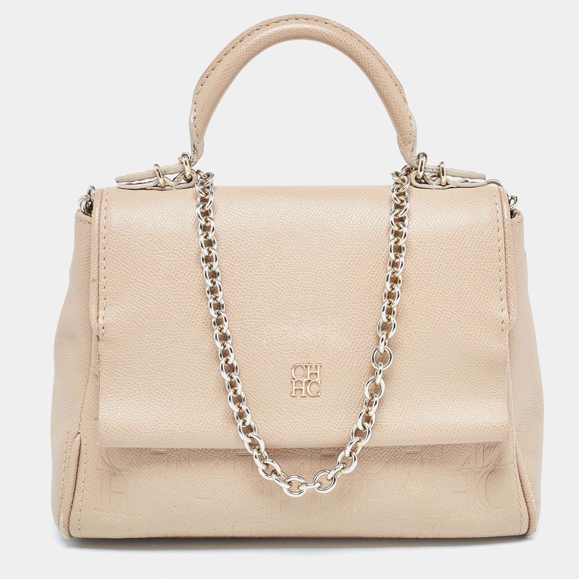 Pre Owned CH Carolina Herrera Beige Leather Small Minuetto Top Handle Bag
