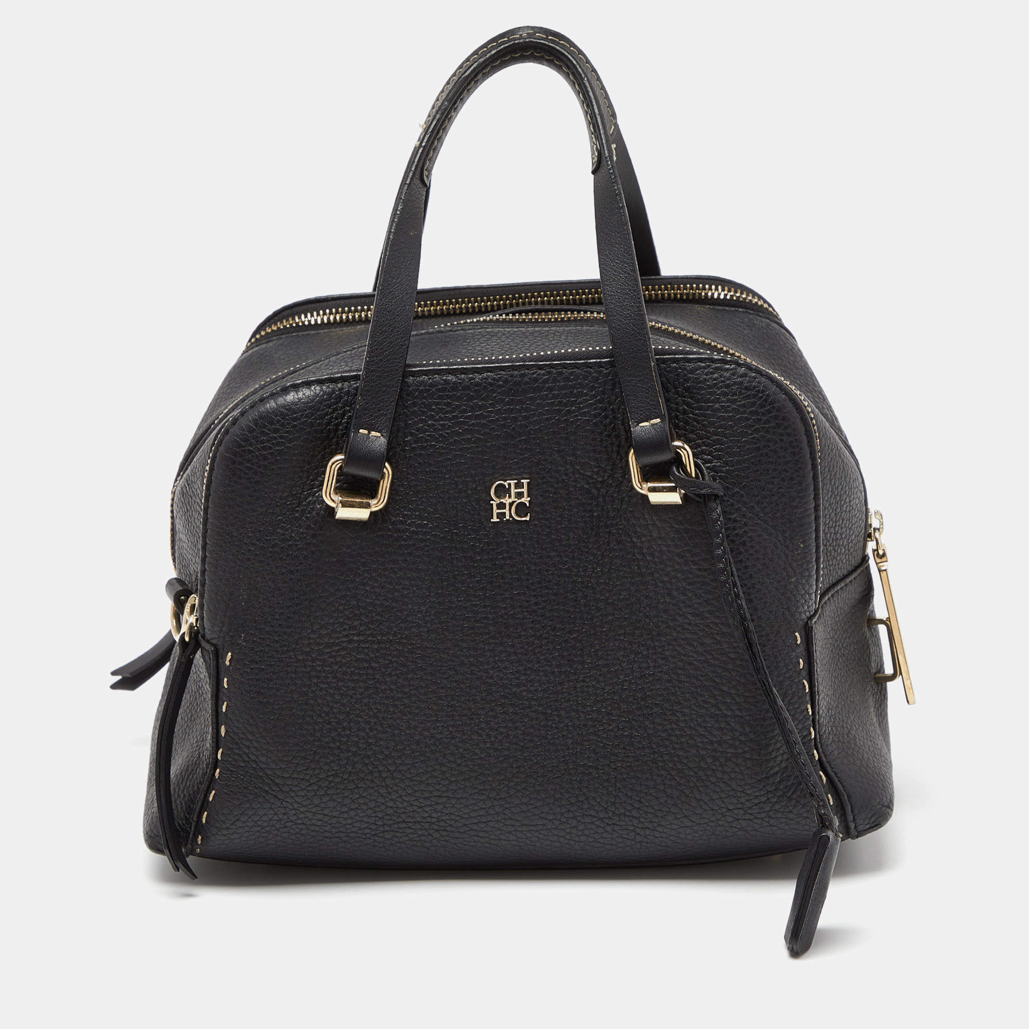Pre Owned CH Carolina Herrera Black Leather Double Zip Bag