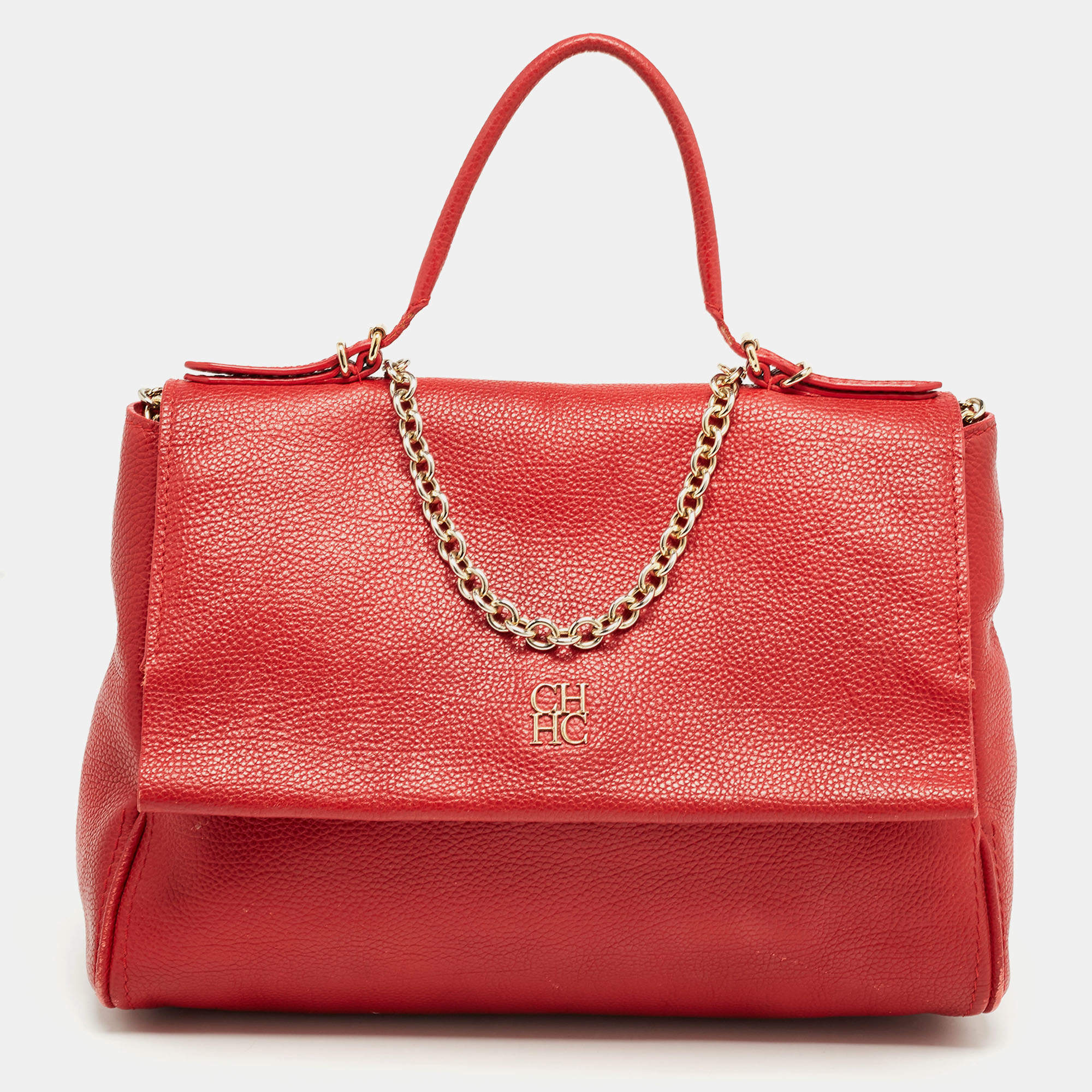 Pre Owned CH Carolina Herrera Red Leather Minuetto Flap Top Handle Bag