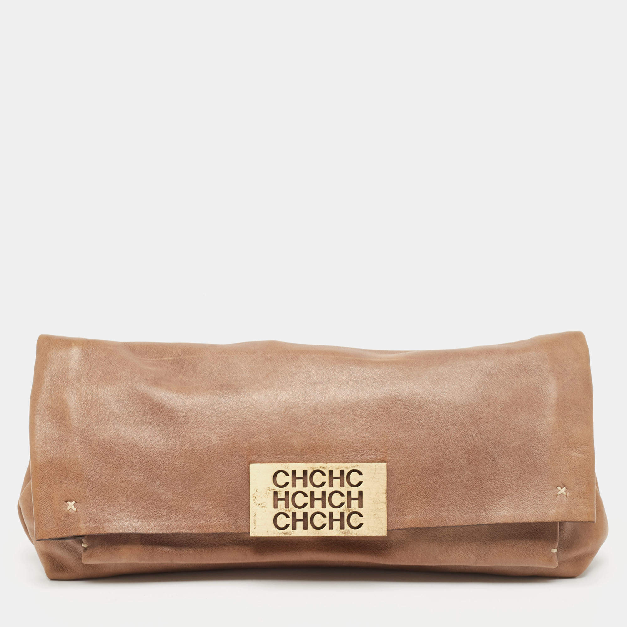 Pre Owned CH Carolina Herrera Beige Leather Flap Clutch