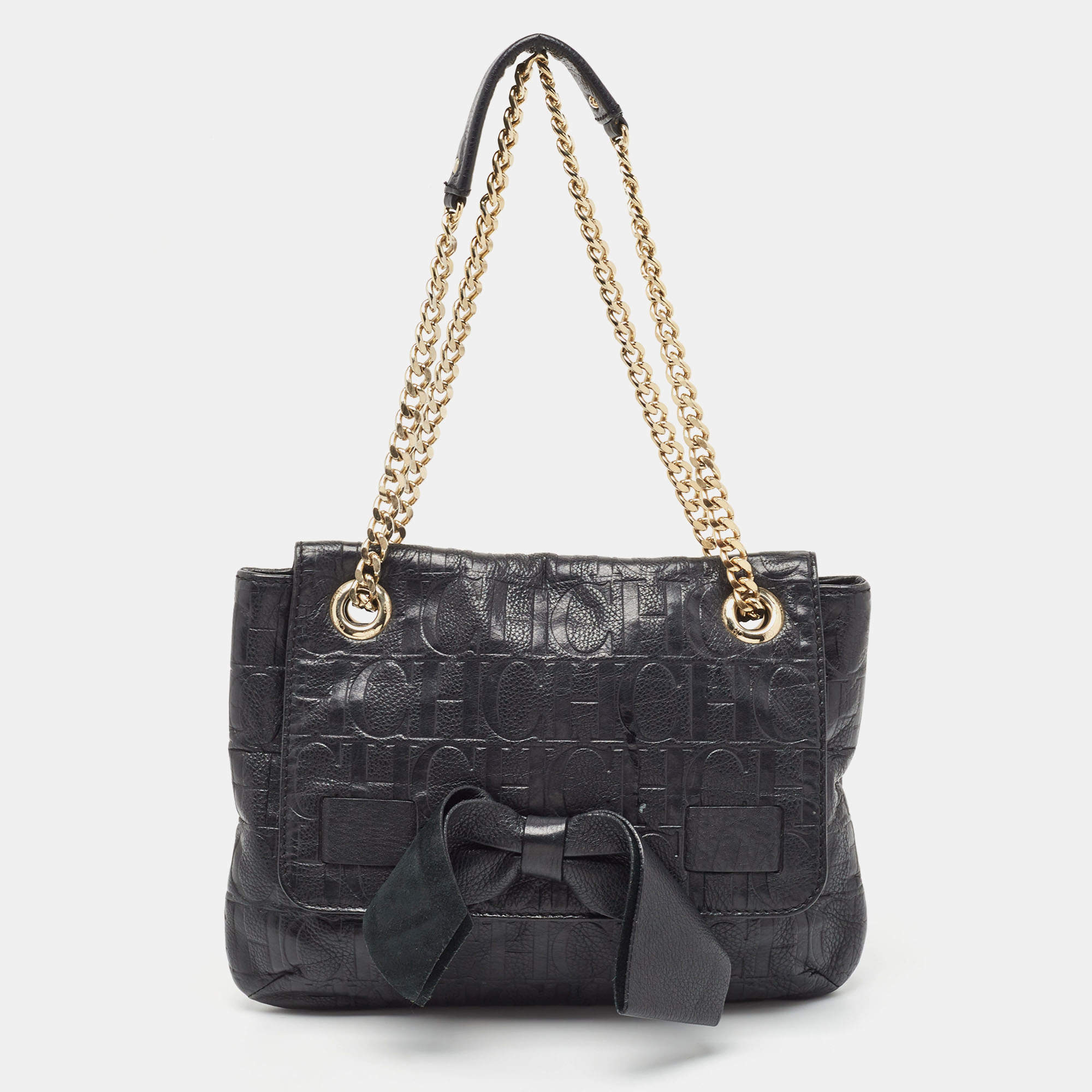 Pre Owned CH Carolina Herrera Black Monogram Leather Audrey Shoulder Bag