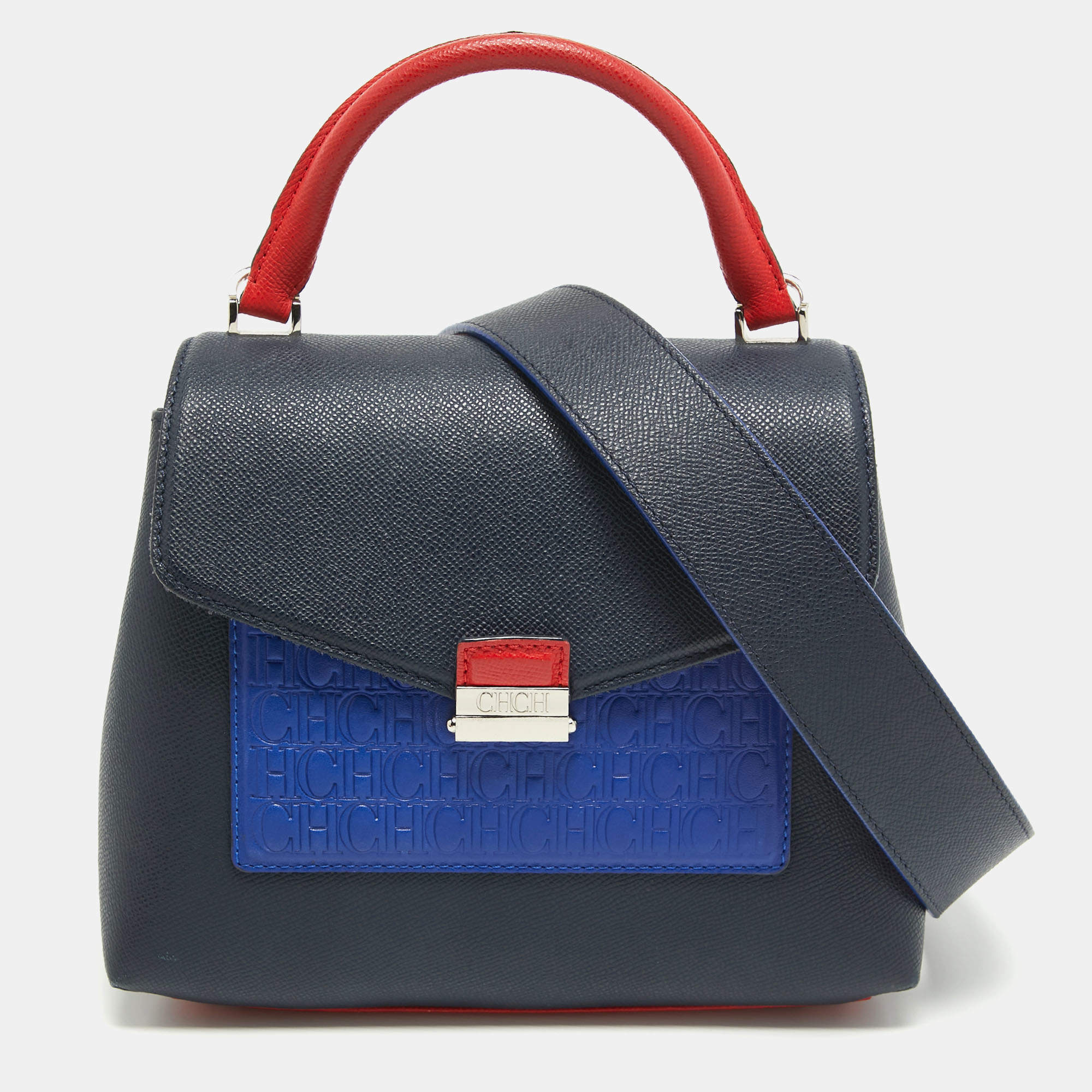 Pre Owned CH Carolina Herrera Two Tone Blue Monogram Leather Top Handle Bag