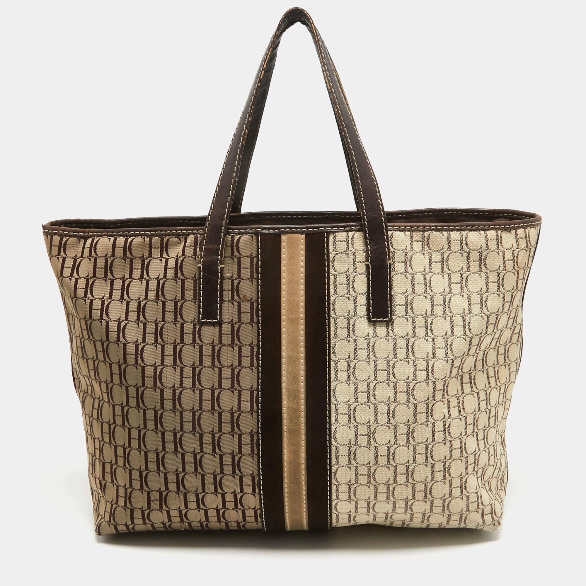 مملوكة مسبقًا CH Carolina Herrera Dark Brown/Two Tone Beige Monogram Canvas Shopper Tote
