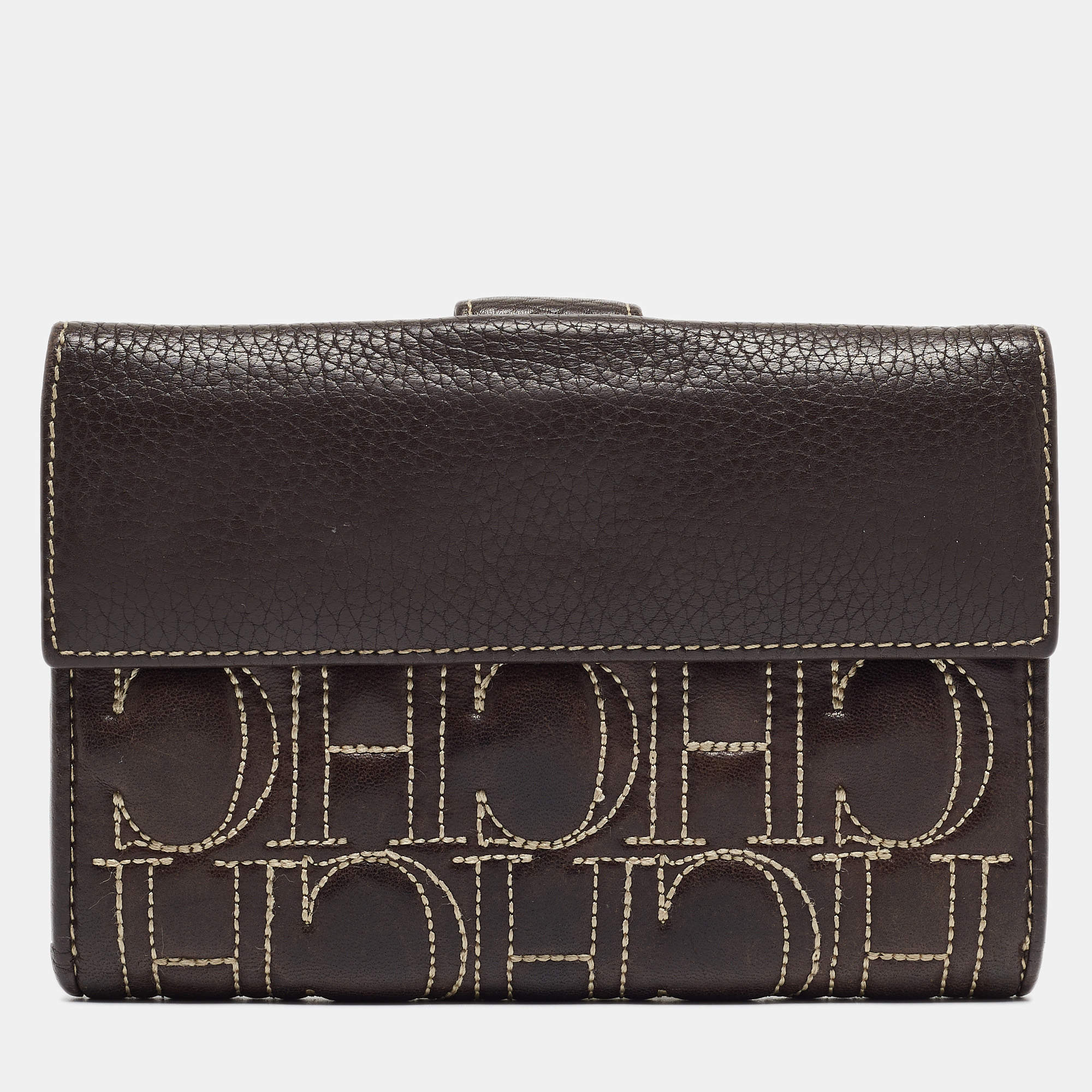 CH Carolina Herrera Choco Brown Monogram Leather Wallet