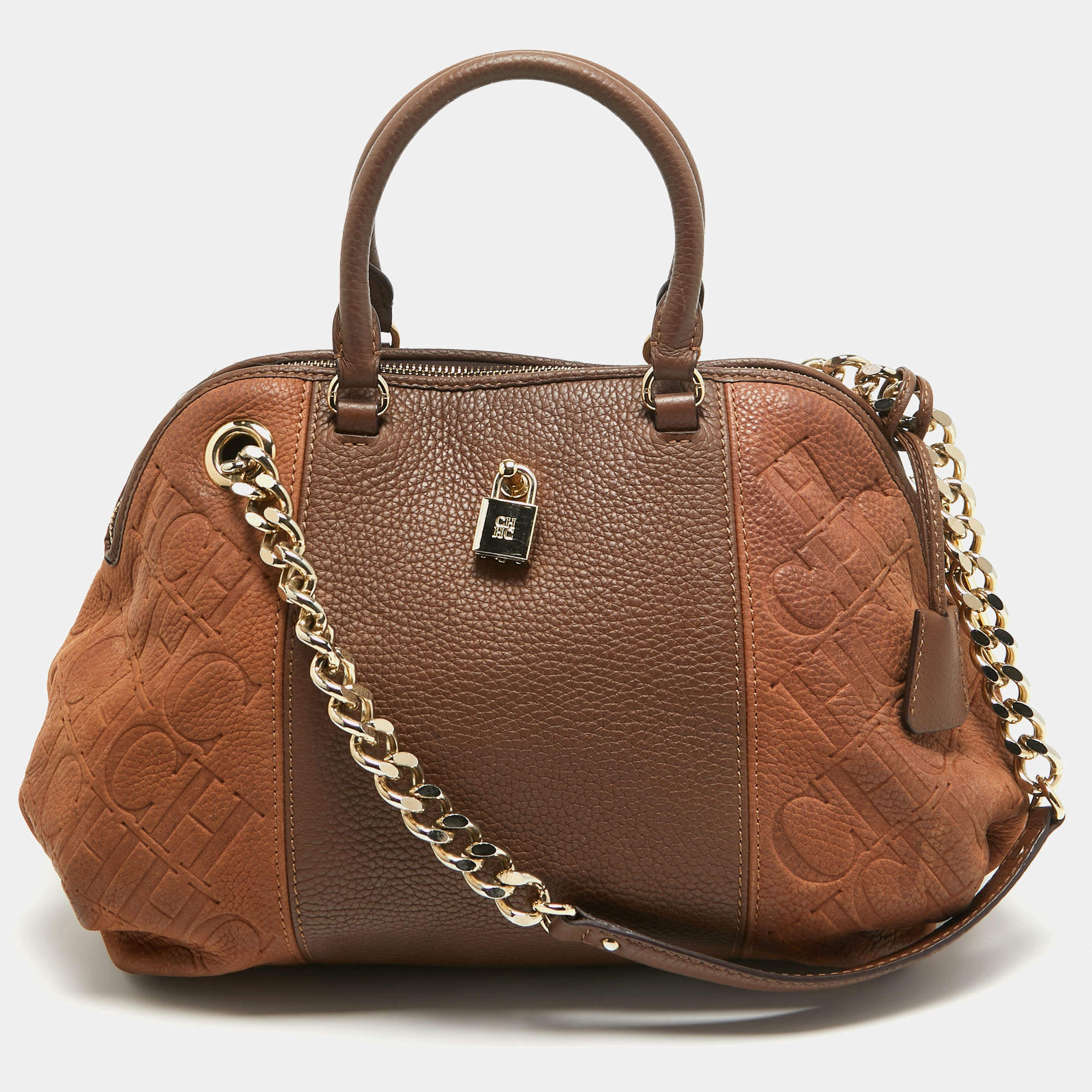 Pre Owned CH Carolina Herrera Two Tone Brown Monogram Leather Dome Satchel