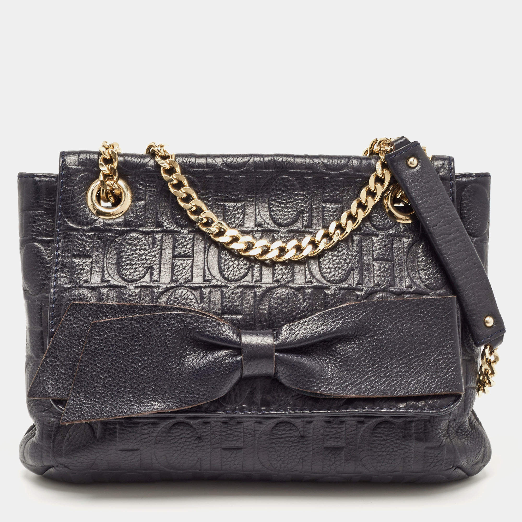 مملوكة مسبقًا CH Carolina Herrera Navy Blue Monogram Leather Audrey Shoulder Bag