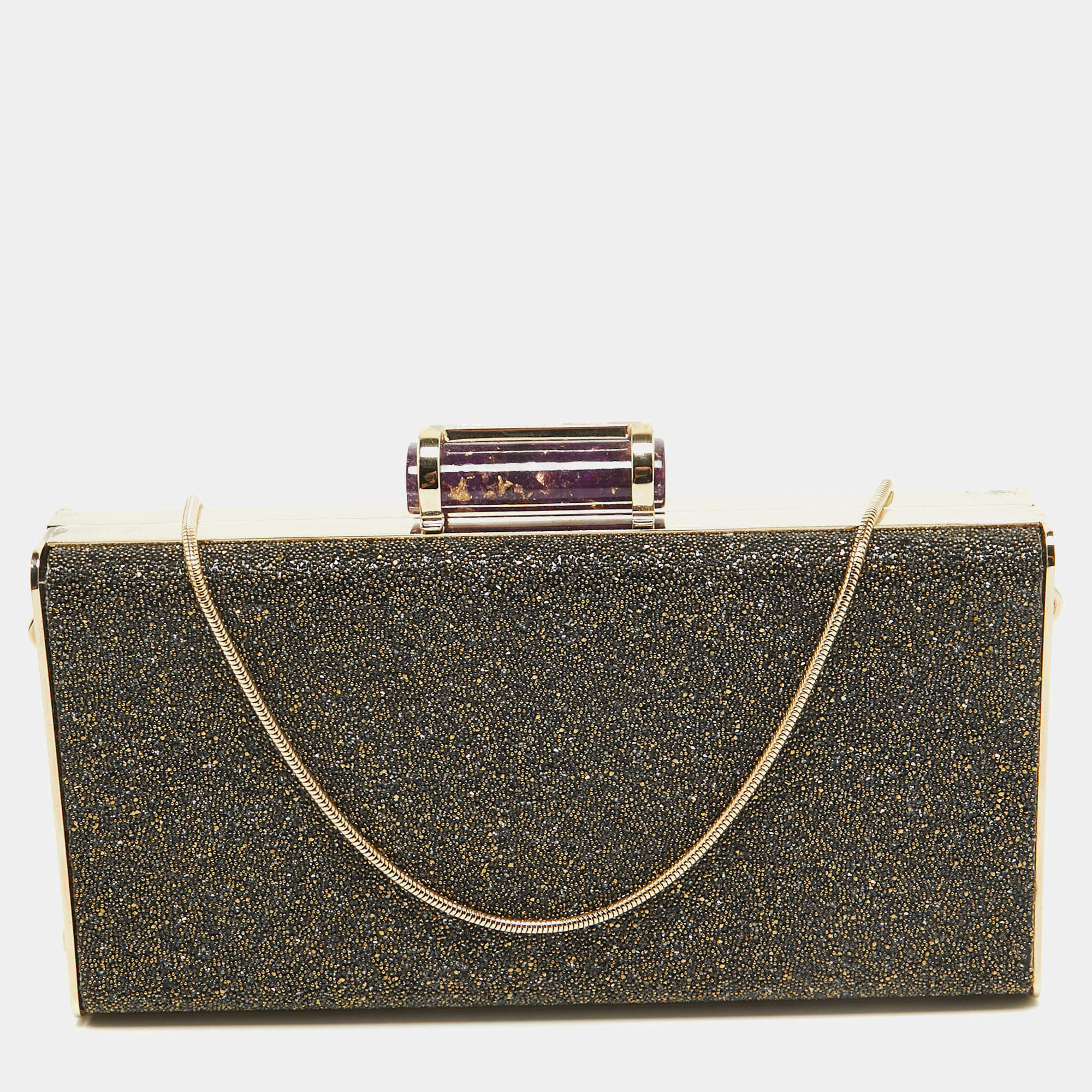 Pre Owned CH Carolina Herrera Gold Glitter Small Scala Insignia Chain Clutch