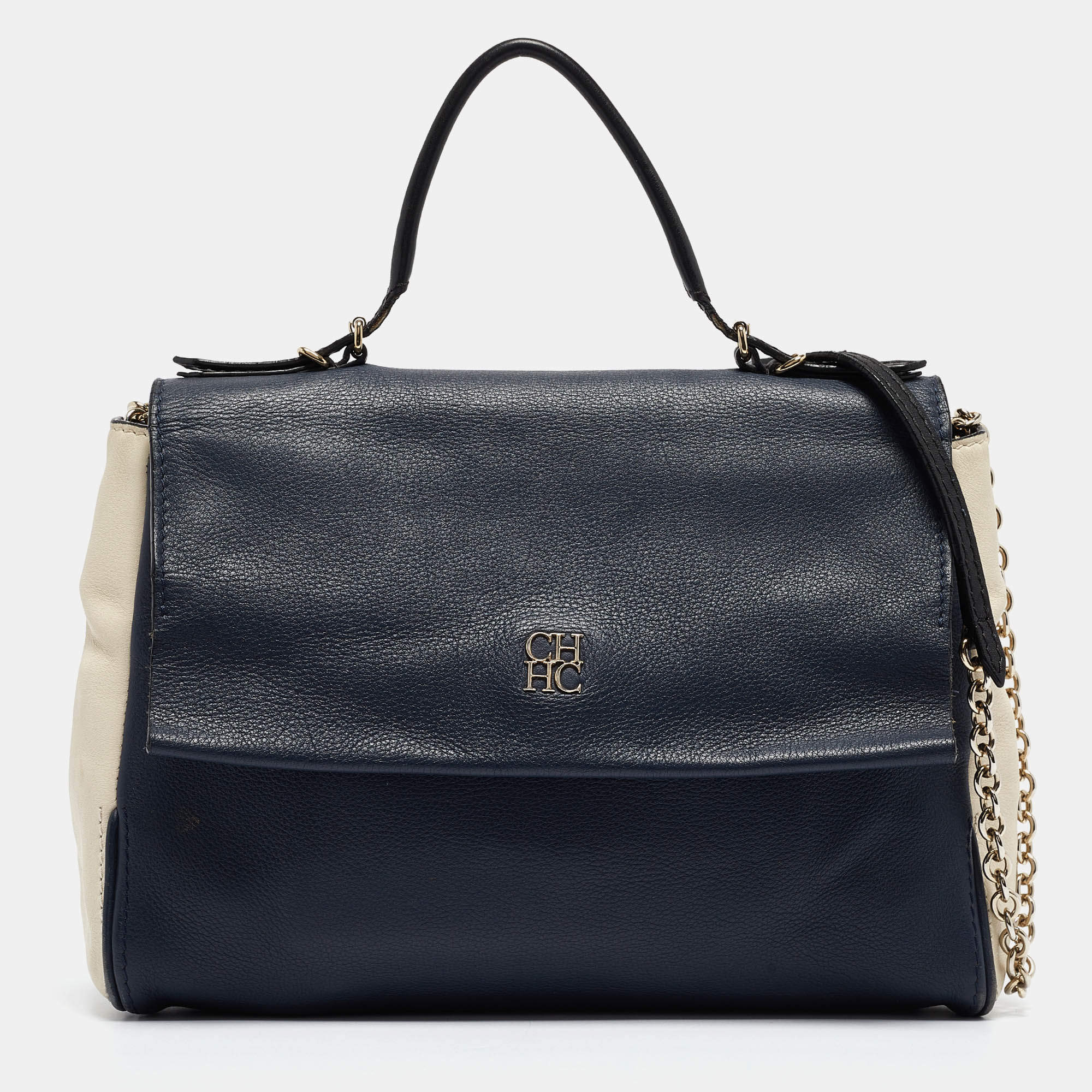 Pre Owned Carolina Herrera Navy Blue/White Leather Minuetto Top Handle Bag