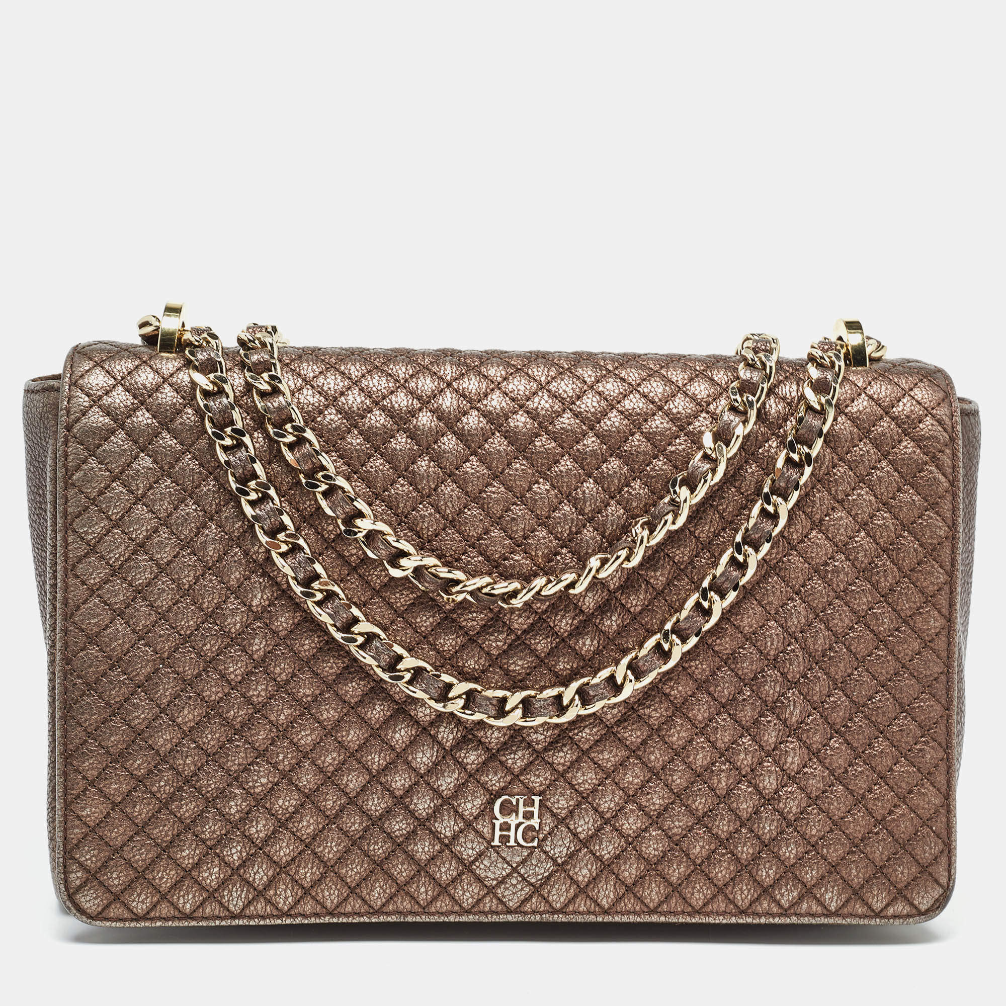 Pre Owned CH Carolina Herrera Bronze Quilted Leather Flap Chain Shoulder Bag