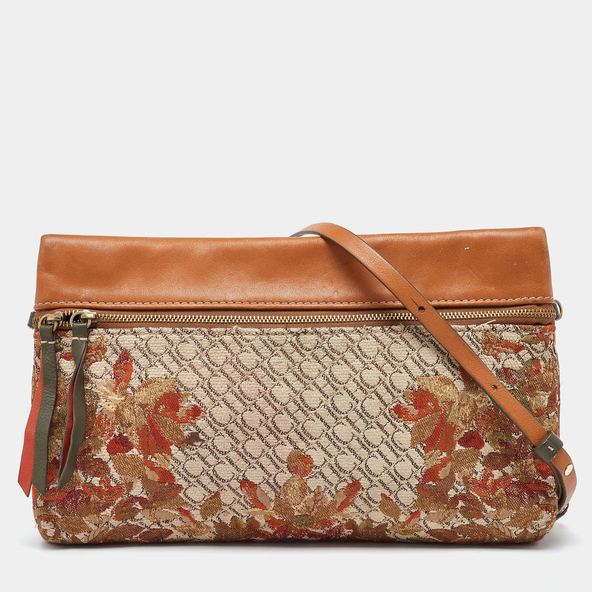 Pre Owned CH Carolina Herrera Brown Signature Canvas and Leather Strap Clutch 