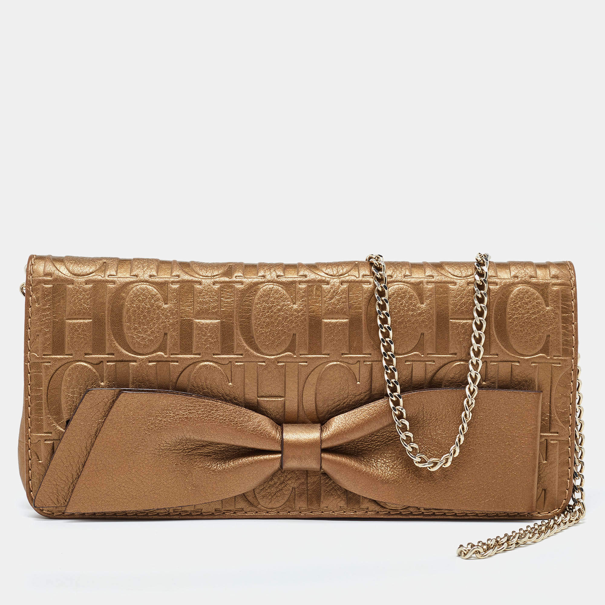 Pre Owned CH Carolina Herrera Gold Monogram Leather Bow Chain Clutch