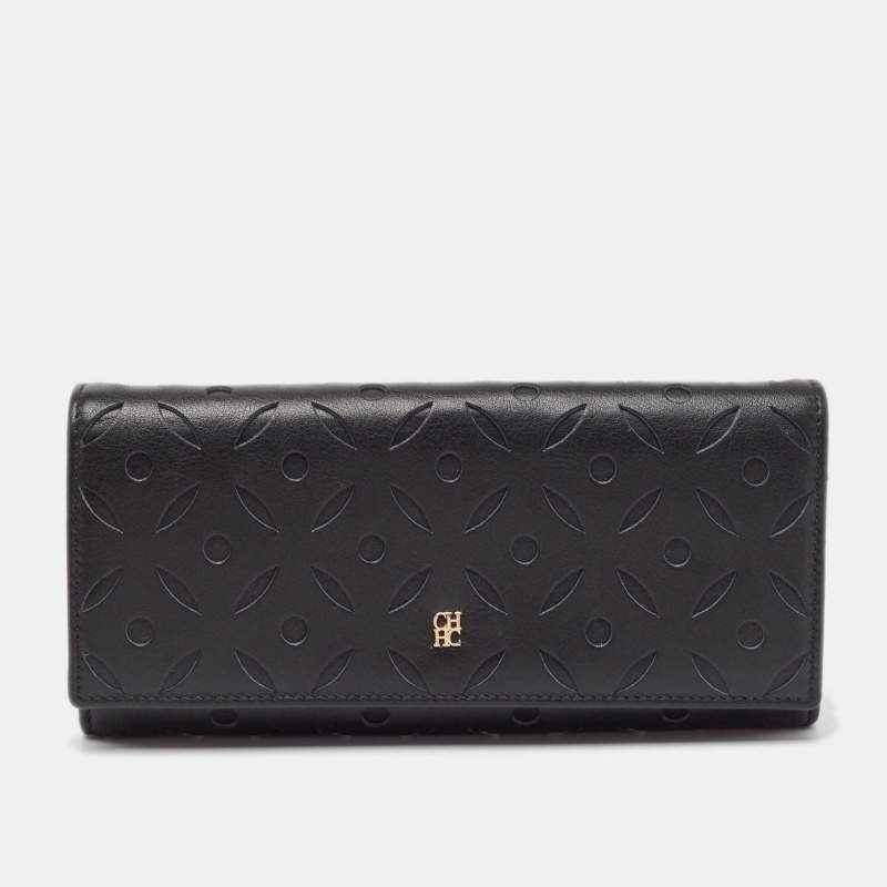 Pre Owned CH Carolina Herrera Black Leather Laser Cut Continental Wallet