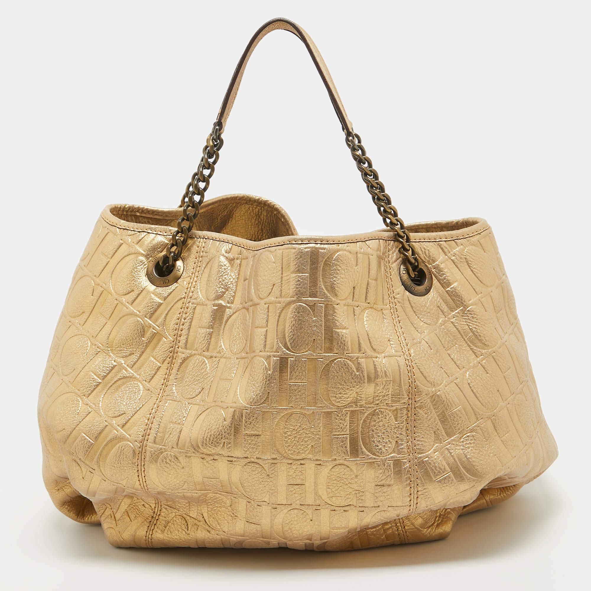 Pre Owned CH Carolina Herrera Iridescent Gold Monogram Embossed Leather Chain Hobo