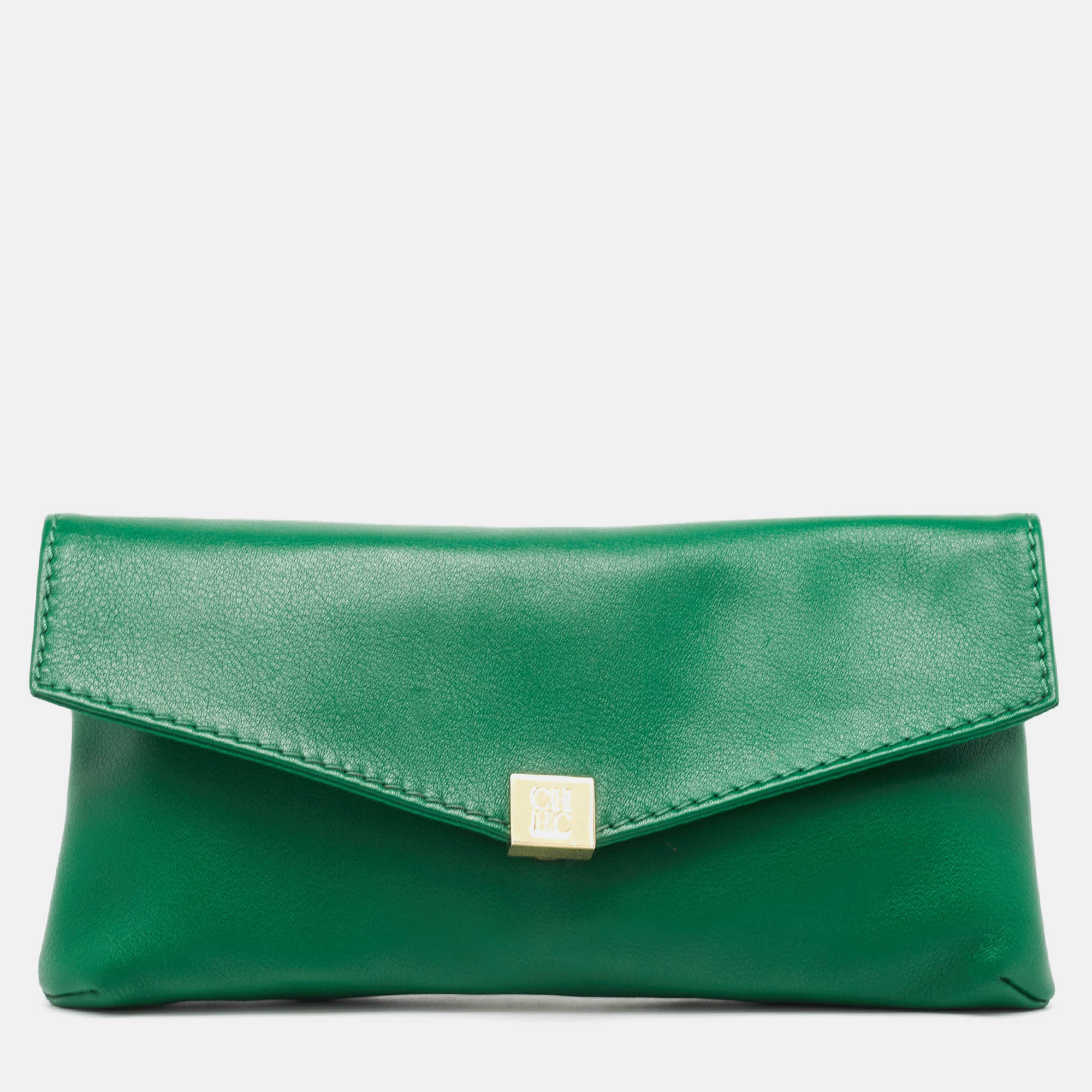 Pre Owned CH Carolina Herrera Green Leather Envelope Clutch
