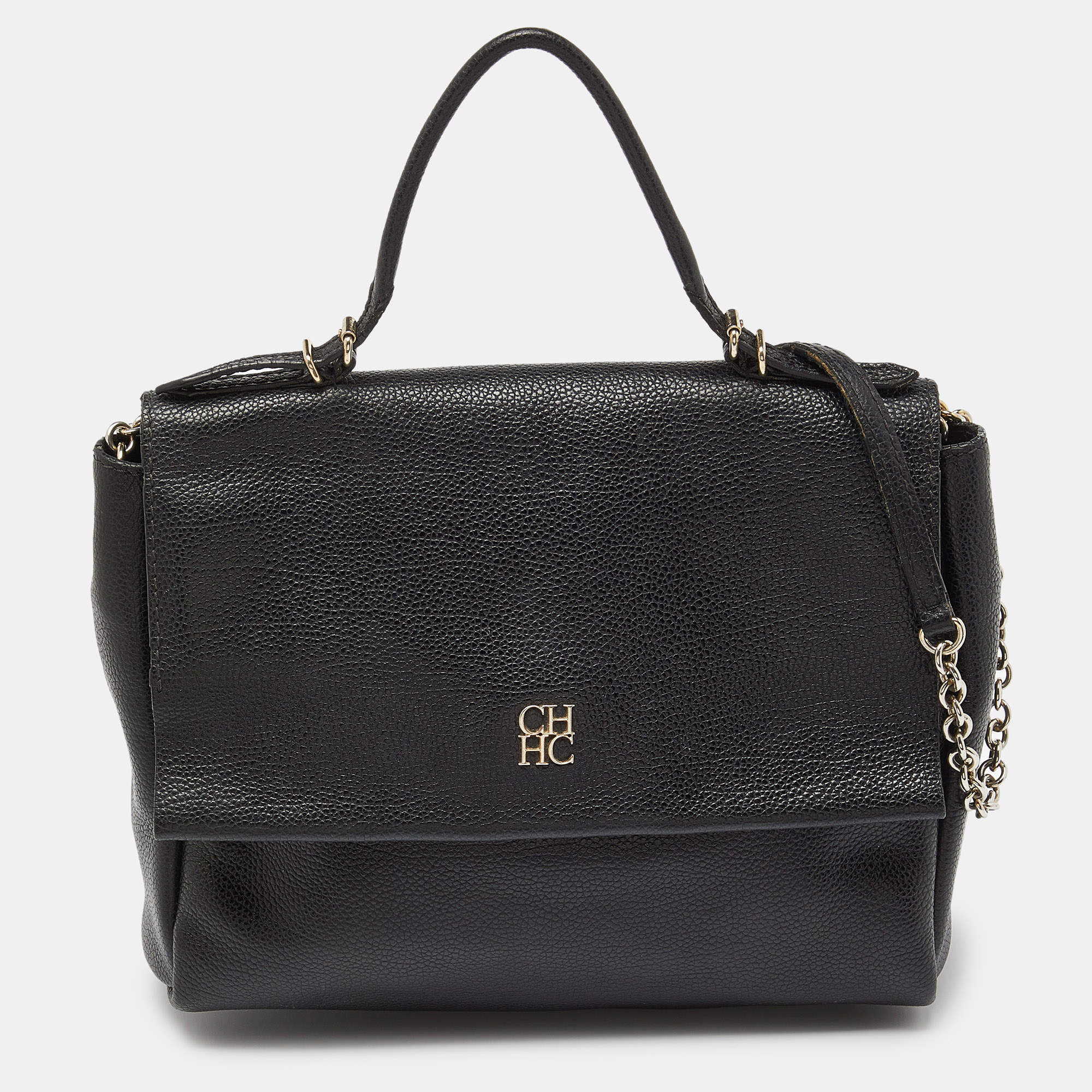 Pre Owned CH Carolina Herrera Black Leather Minuetto Flap Top Handle Bag