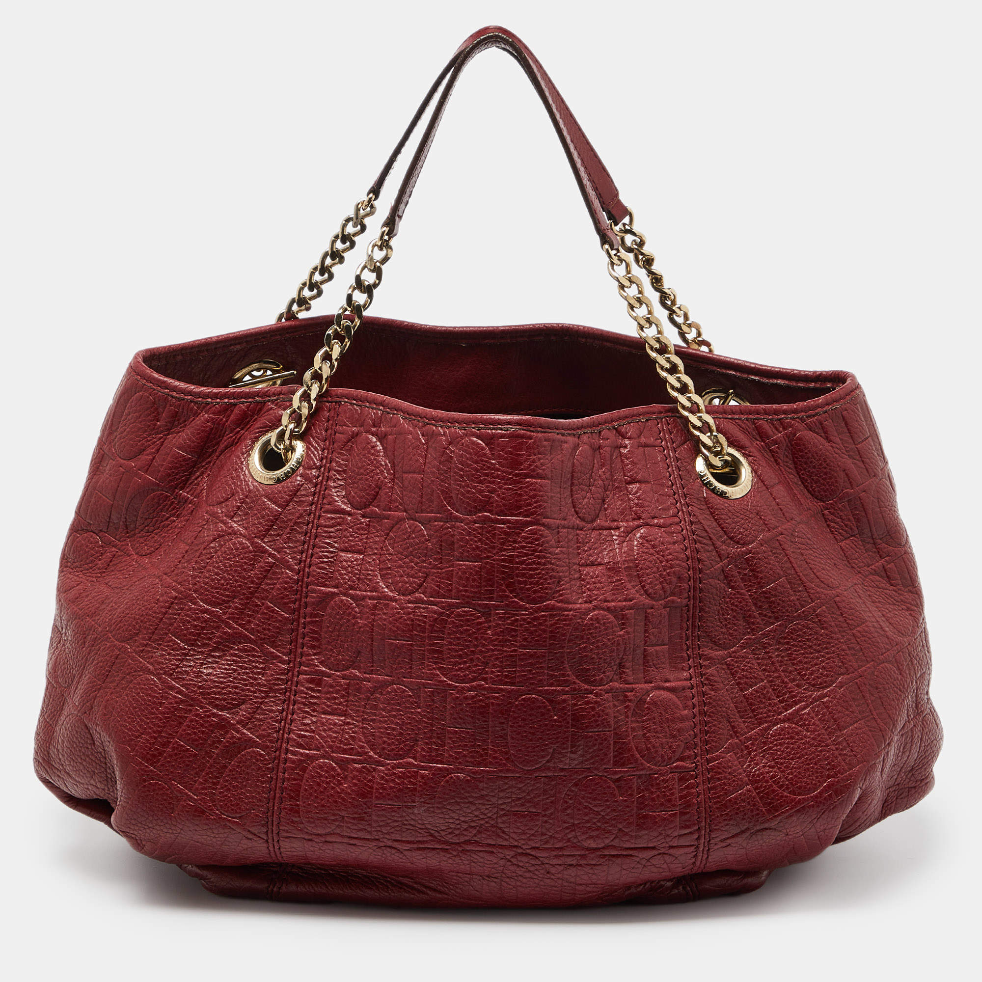 Pre Owned CH Carolina Herrera Red Monogram Embossed Leather Chain Hobo