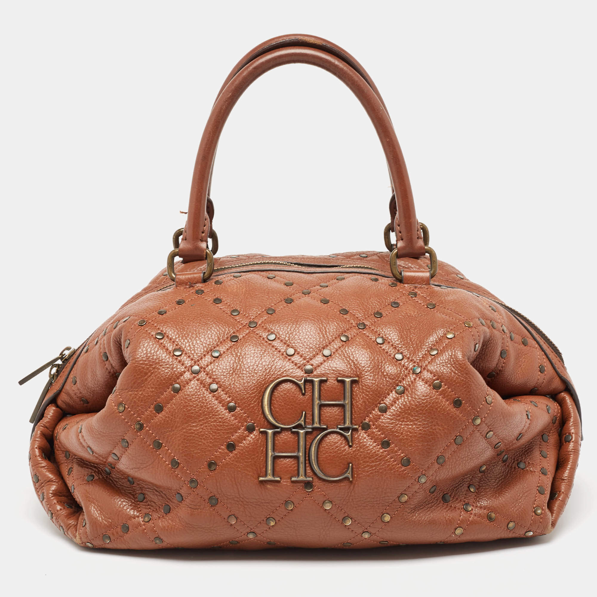 Pre Owned CH Carolina Herrera Brown Quilted Leather Rivet Satchel