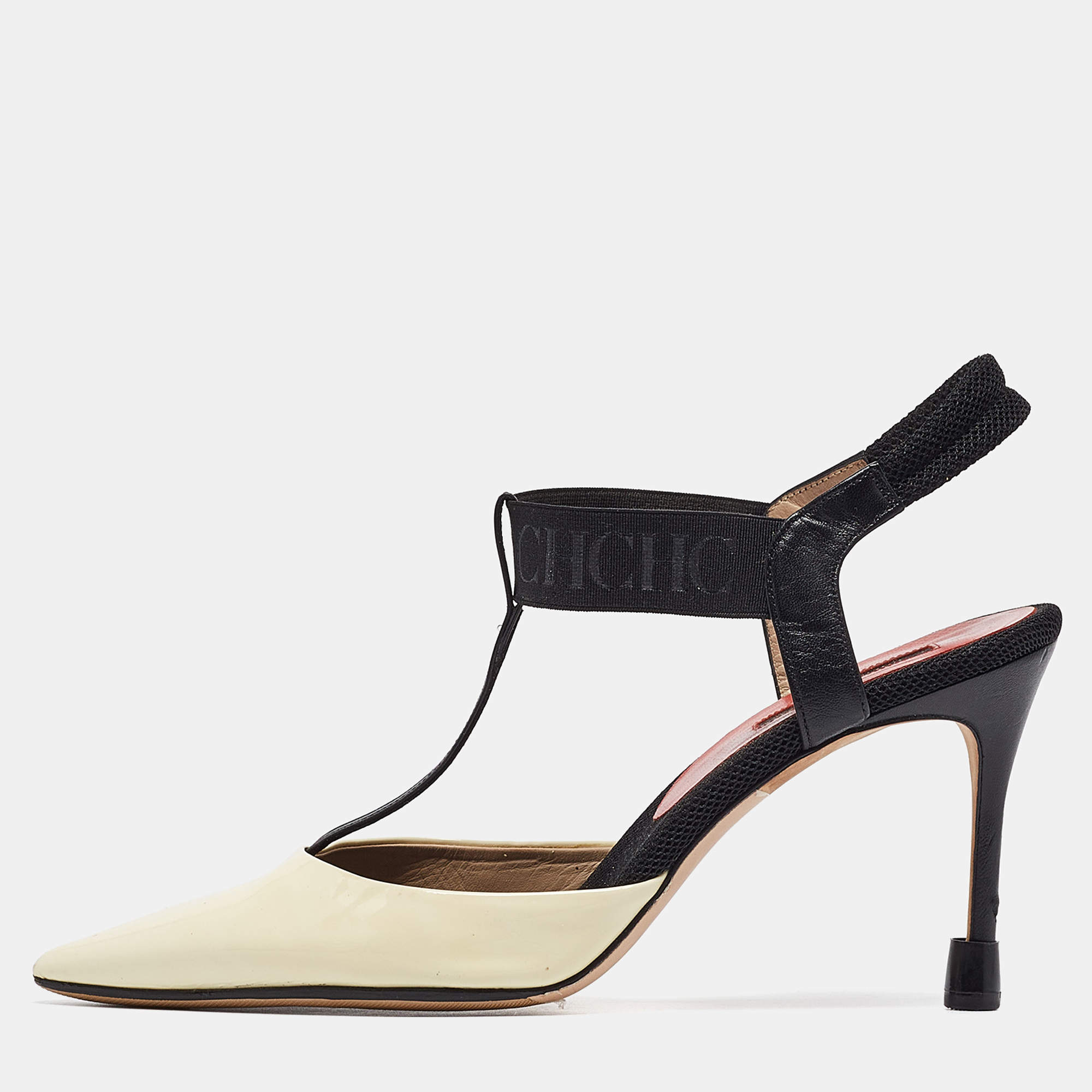 Pre Owned CH Carolina Herrera Cream/Black Patent and Leather Slingback Pumps Size 40