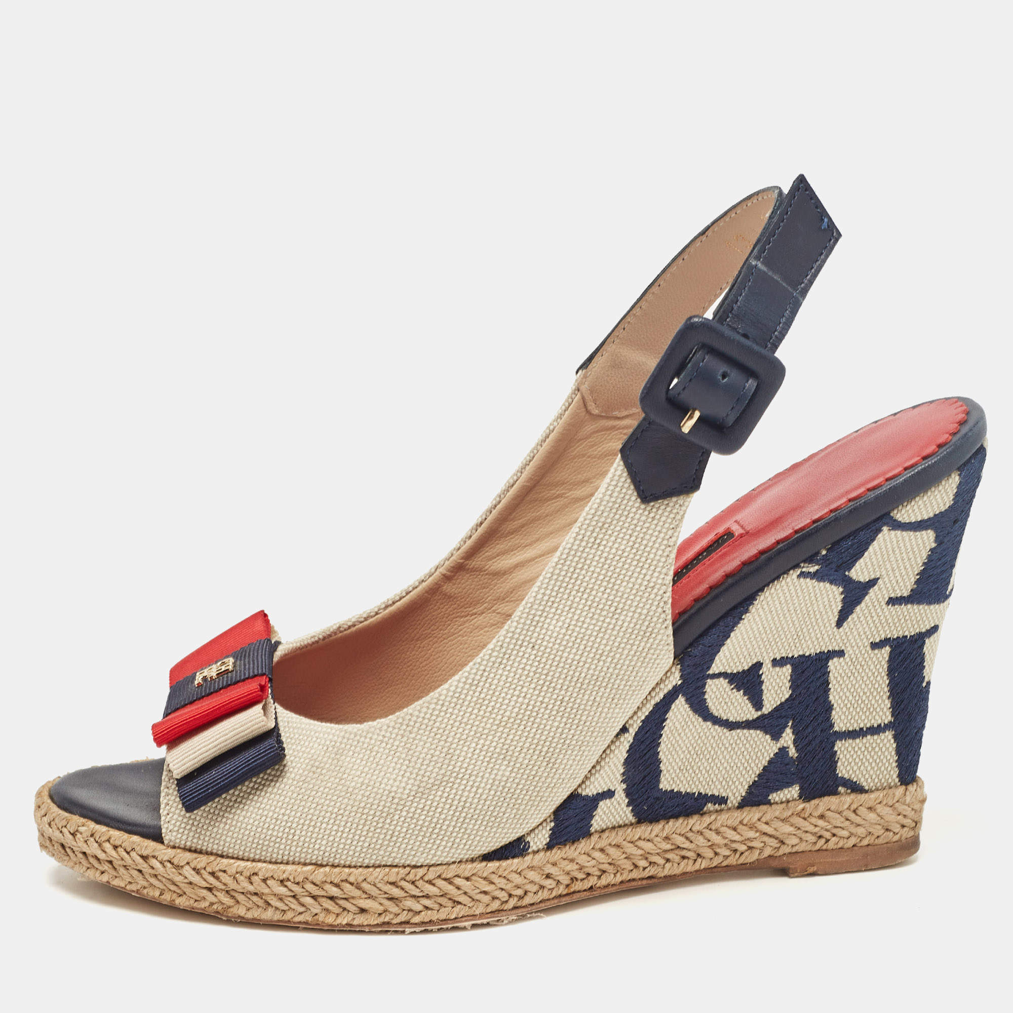 CH Carolina Herrera Two Tone Canvas and Leather Wedge Sandals Size 36