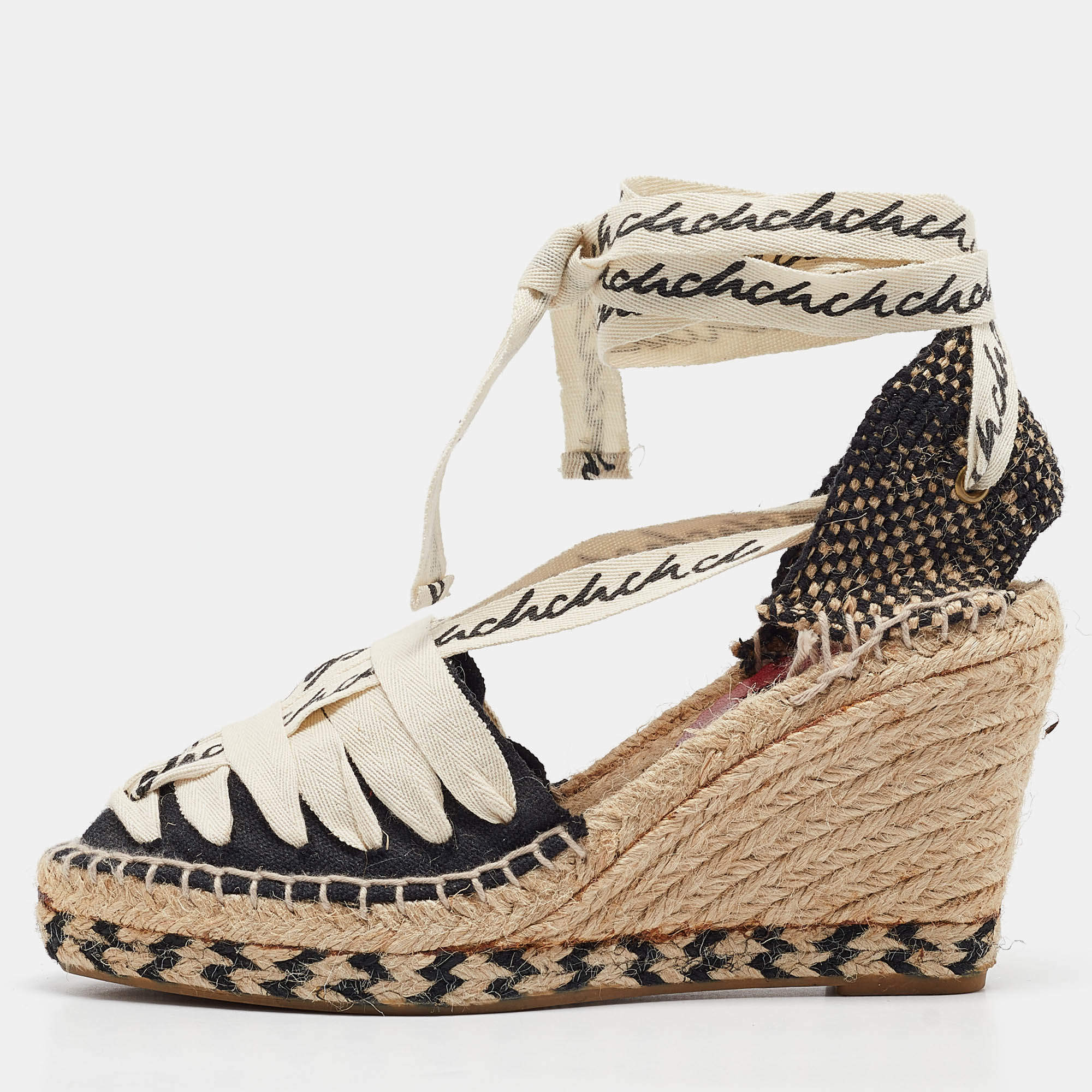 مملوكة مسبقًا CH Carolina Herrera Black Canvas Wedge Ankle Wrap Espadrilles Size 37