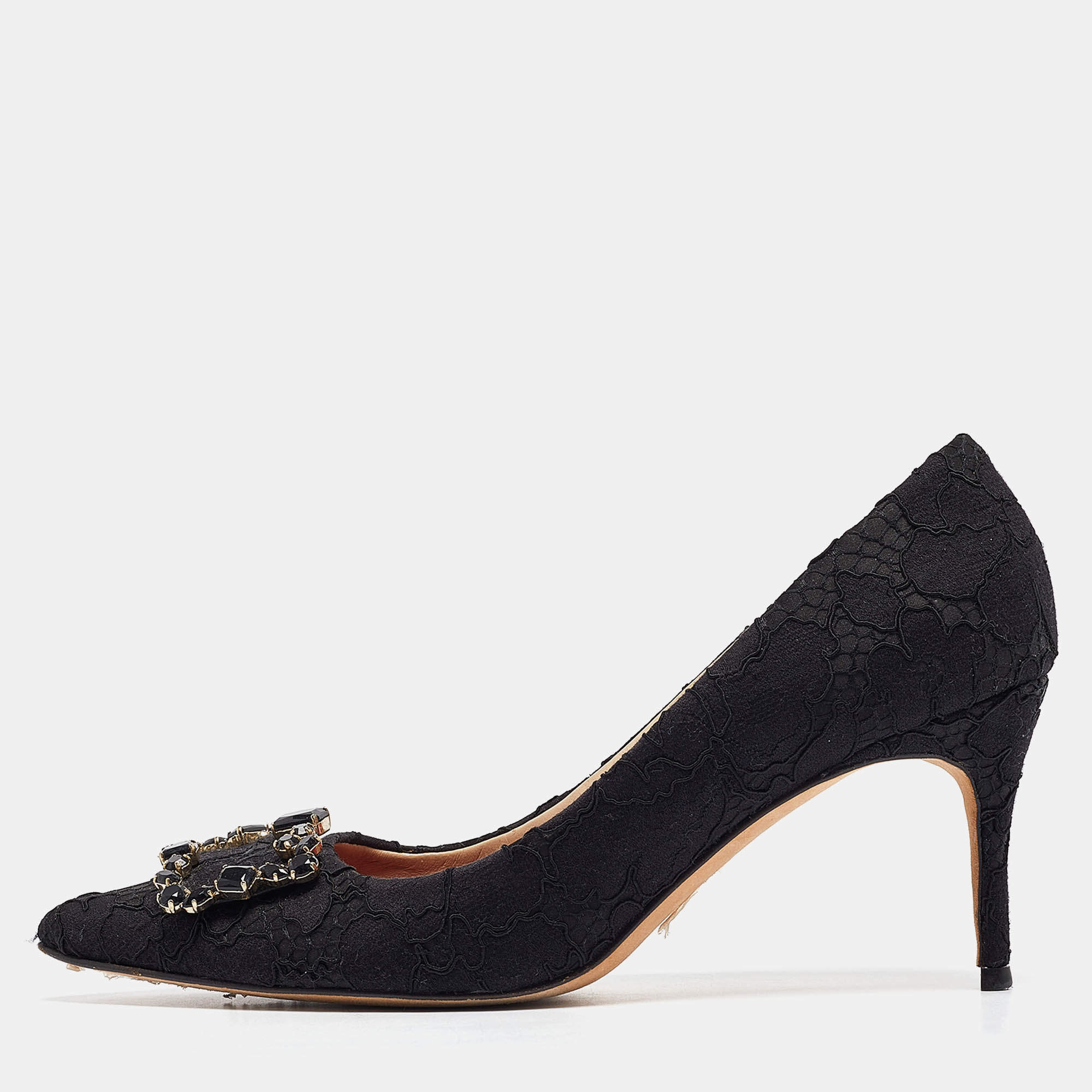 Pre Owned CH Carolina Herrera Black Lace and Mesh Crystal Embellished Pumps Size 40