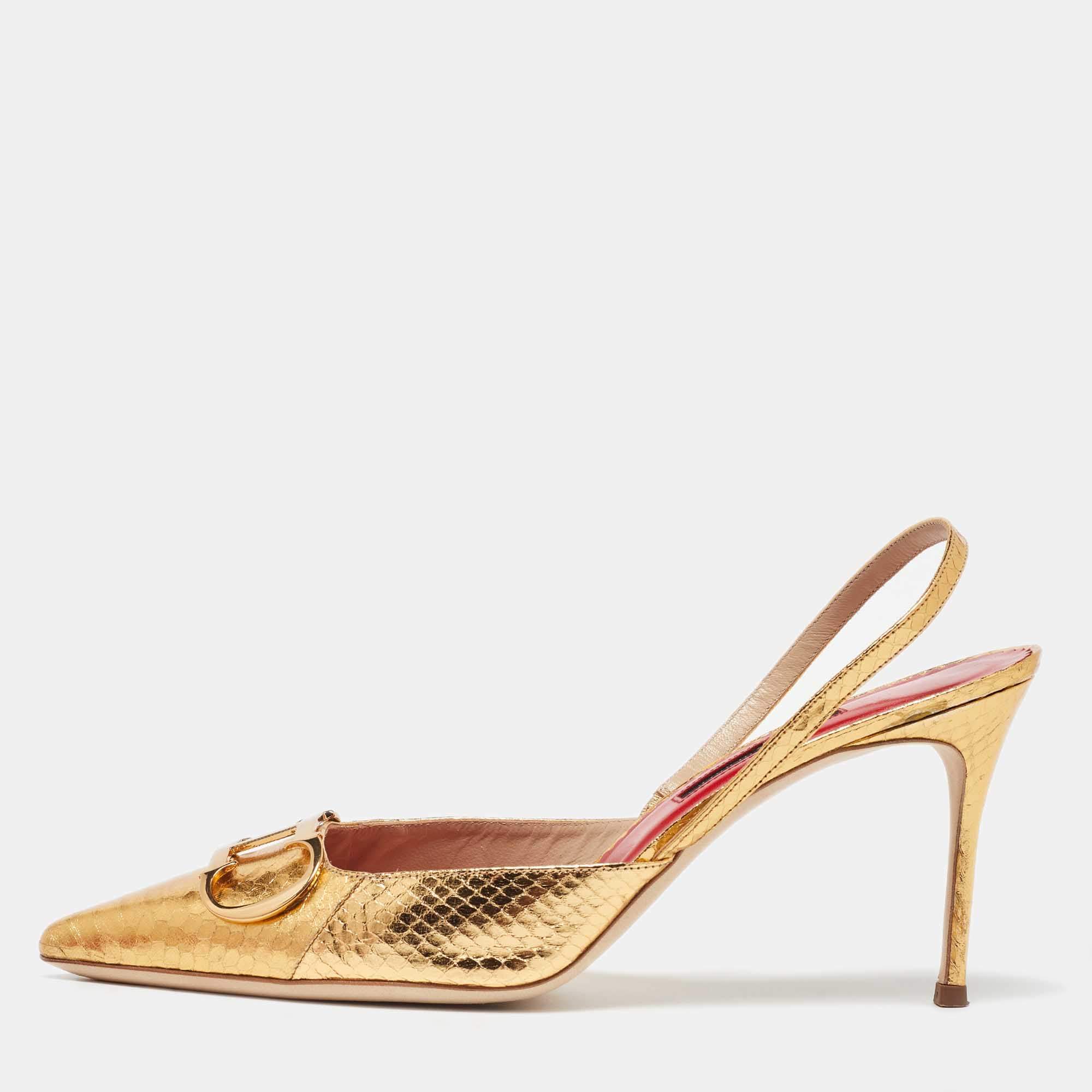 مملوكة مسبقًا CH Carolina Herrera Gold Python Embossed Leather Slingback Pumps Size 41