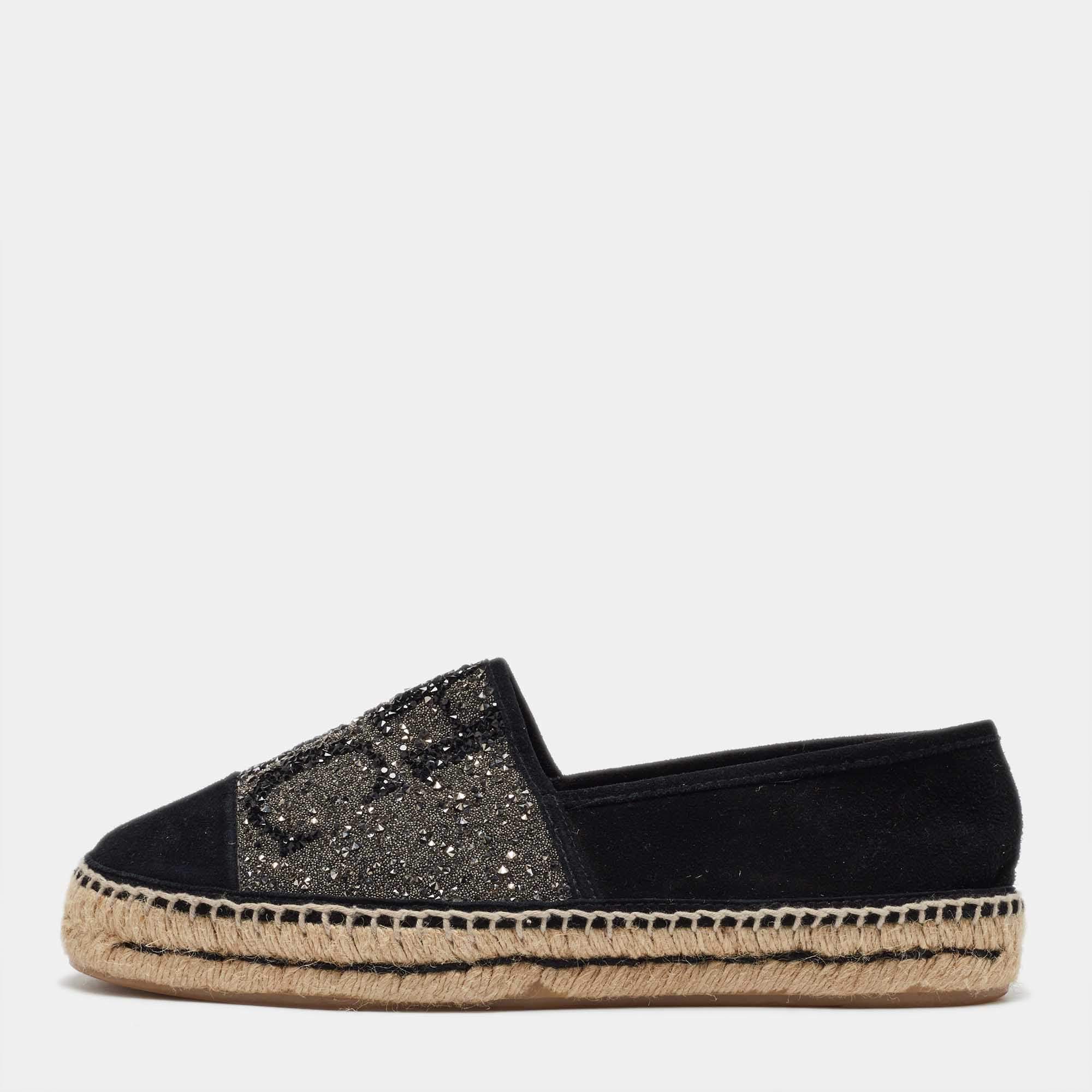 CH Carolina Herrera Black/Silver Crystal Embellished Suede Espadrille Flats Size 39