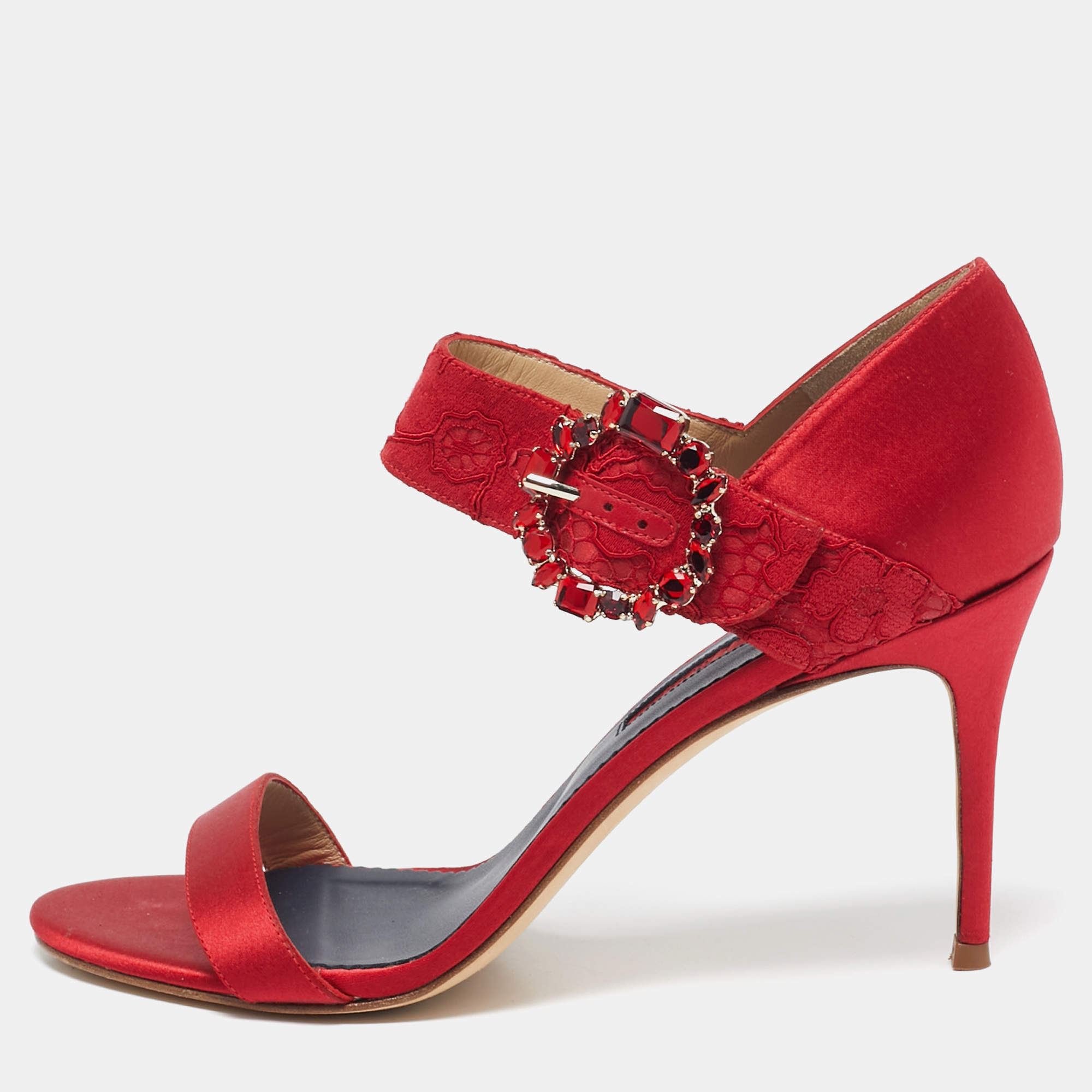 CH Carolina Herrera Red Satin Crystal Embellished Ankle Strap Sandals Size 39