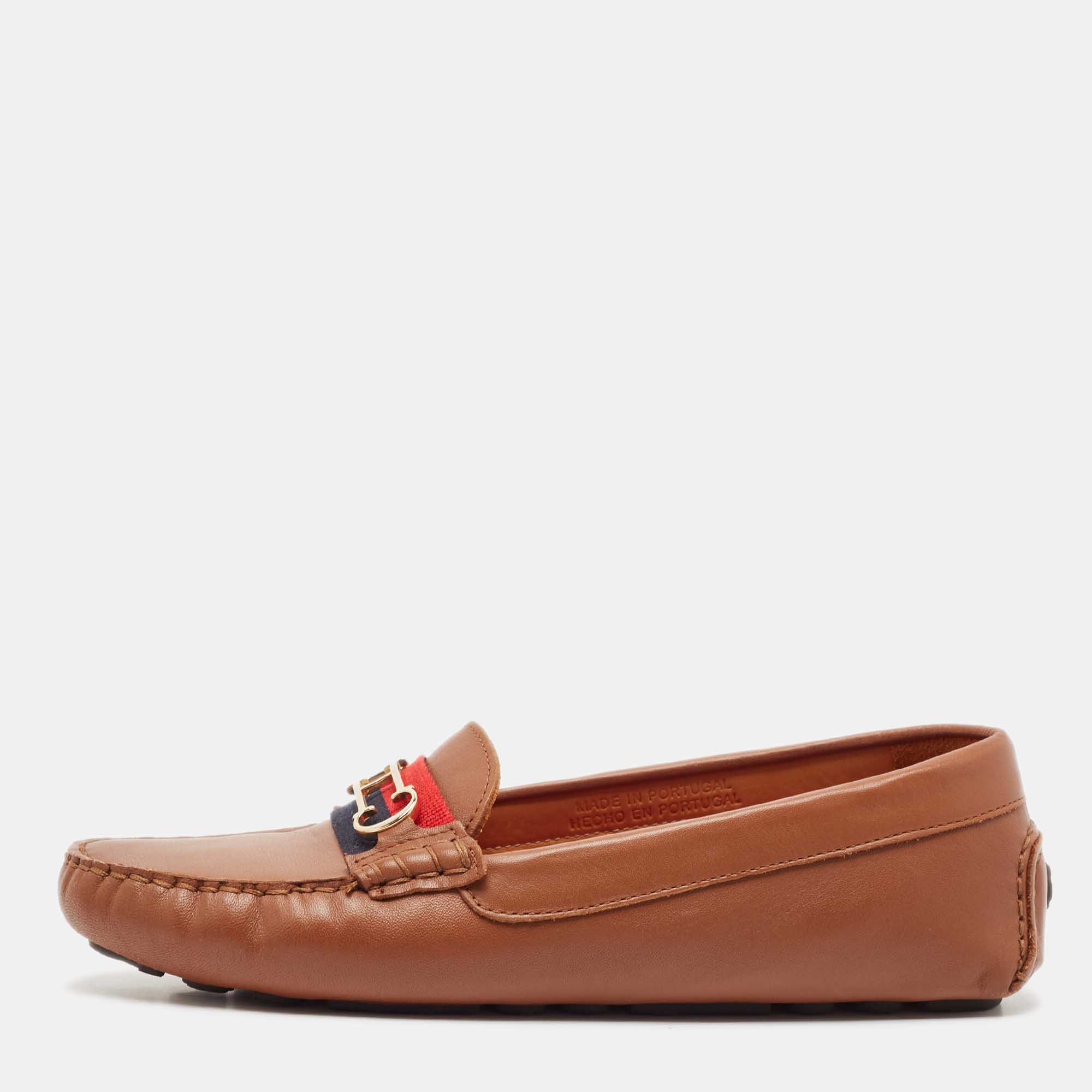 Pre Owned CH Carolina Herrera Brown Leather Logo Embellished Loafers Size 40